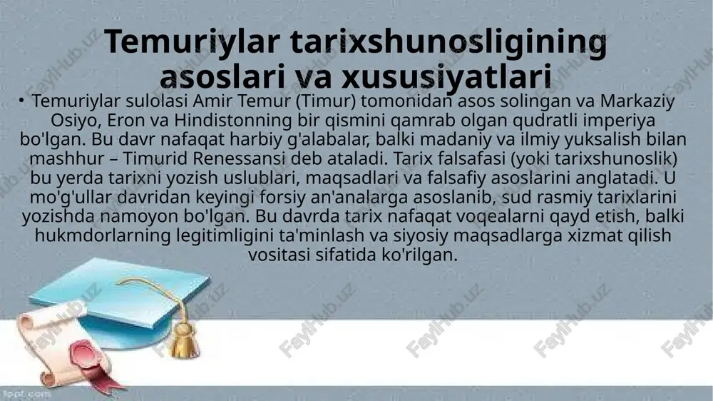 aktlar, balki jamiyatning falsafiy ko'zgusi sifatida ko'ramiz. qo'shimcha ravishda, temuriylar merosi san'at va adabiyot homiyligida cho'qqiga chiqqan, bu o'rta osiyo va eron madaniyatini shakllantirgan. temuriylar imperiyasi 14-asrdan boshlab markaziy osiyoda gullagan va uning tarixi bugungi kunda ham o'rganilmoqda. image1.jpeg image2.jpeg image3.jpeg image4.jpeg image5.jpeg /docprops/thumbnail.jpeg