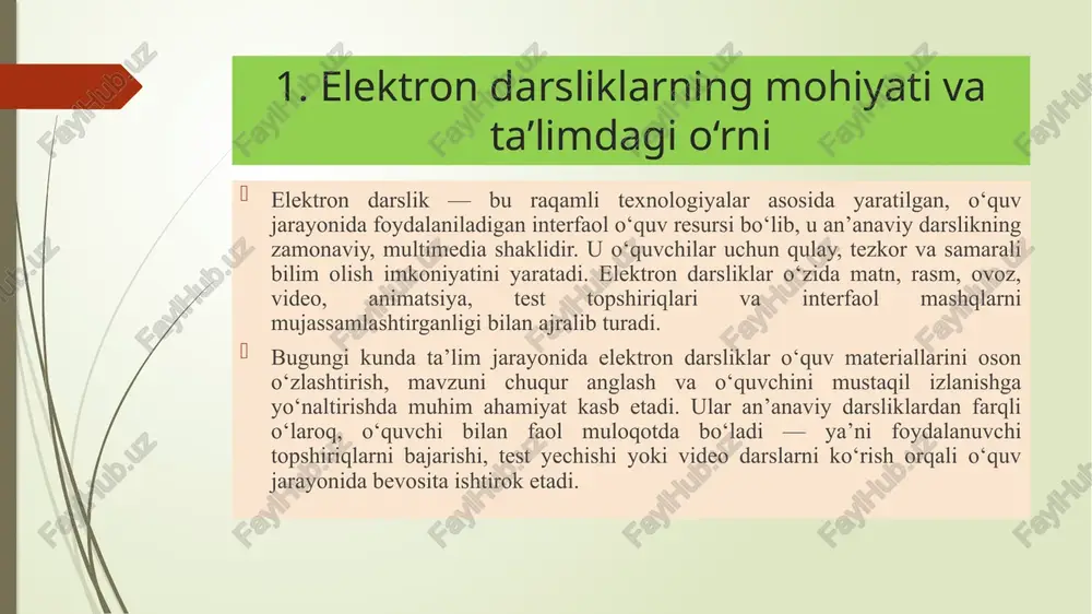 an. testlar turli shakllarda — tanlovli, to‘ldirishli, moslashtirishli yoki grafik asosli ko‘rinishlarda bo‘lishi mumkin. ular o‘quvchining individual yutuqlarini tezkor aniqlash va tahlil qilish imkonini beradi. 4. virtual va 3d elektron darsliklar. eng zamonaviy turdagi darsliklar bo‘lib, ular o‘quvchini virtual muhitga olib kiradi. masalan, biologiyada organizm tuzilishini 3d formatda o‘rganish yoki fizika tajribalarini virtual muhitda bajarish imkonini beradi. bunday darsliklar o‘quvchilarning qiziqishini oshiradi va tajribaviy o‘rganishni soddalashtiradi. elektron darsliklarning samaradorligini baholash esa bir necha mezonlarga asoslanadi: o‘quvchilarning fanga qiziqish darajasi va darsga faolligi; bilimlarni o‘zlashtirish samaradorligi va test natijalari; mustaqil ishlash va izlanish ko‘nikmalarining shakllanishi; vaqtni tejash va o‘qituvchi ishini yengillashtirish darajasi. o‘tkazilgan tajribalar shuni ko‘rsatadiki, elektron darsliklardan foydalanilgan sinflarda o‘quvchilarning mavzuni o‘zlashtirish darajasi yuqori bo‘ladi, ularning fanlarga bo‘lgan qiziqishi ortadi va mustaqil o‘rganish ko‘nikmalari kuchayadi. xulosa elektron darsliklar bugungi raqamli ta’lim tizimining ajralmas qismi bo‘lib, ular o‘quv jarayonini zamonaviy texnologiyalar asosida samarali tashkil etish imkonini beradi. bunday darsliklar o‘quvchilarning bilim …