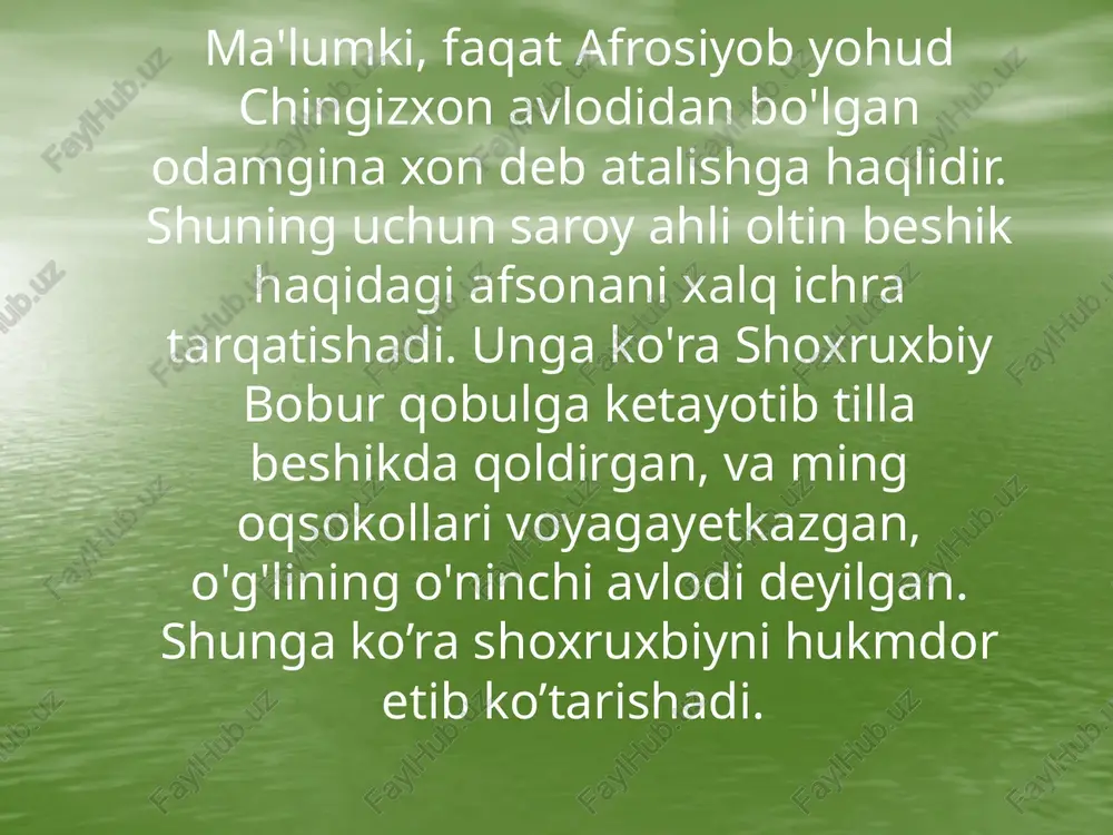 n shohruxbiy 1709 y.da asos solgan. bu davlat tarkibiga dastlab qoʻqon, namangan. margʻilon, konibodom, isfara va ularning atrofidagi qishloqlar kirgan. abdurahimbiy davrida buxoro xonligiga harbiy yurish qilinib samarqand egallanadi (1732). qoʻqon xonligi norboʻtabiyning oʻgʻli olimbek hukmronligi davrida qoʻqonning siyosiy mavqei yanada kuchaygan, harbiy islo-hot oʻtkazilgan, ohangaron vohasi, toshkent, chimkent va sayram tobe etilgan, tashqi savdoga ham eʼtibor kuchaytirilgan. 1805 y. davlat rasman q.x. deb eʼlon qilinib, olimbek "xon" unvonini olgan. olimxonning markazlashgan kuchli davlat tuzish borasida qilayotgan harakatlari ayrim mansabparast zodagonlar guruhida norozilik kayfiyatlarini vujudga keltiradi. natijada ular olimxonning safardaligidan foydalanib 1810 y. qoʻqonda "olimxon toshkentda oʻldi", degan mish- umarxon davrida xonlik hokimiyatini mustahkamlash va kengaytirish choralari koʻrilgan. 1815 y. buxoro xonligiga qarashli turkiston, 1817 y. esa oʻratepa bosib olingan. sirdaryo boʻyida bir qancha harbiy isteh komlar barpo etilgan; sugʻorish inshootlarini kengaytirish, kanallar qazish, masjid va madrasalar qurishga eʼtibor berilgan. xususan, qoʻqon, toshkent, turkiston, chimkent, sayram, avliyoota (hoz. jambul)da masjid …