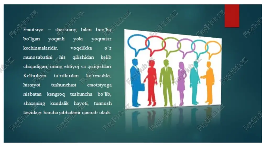 iyalar, affektlar, kayfiyatlarda aniq yashaydigan umumlashtirilgan hislar yuksak hislar deyiladi. yuksak hislar o`z tarkibiga birmuncha soddaroq turli hislarni oladi. insoniy faoliyatning qaysi bir turi, yoki qaysi bir sohasi hislarning qaysi birining asosi ekanligiga qarab yuksak hislarning muhim turlari; praksik (amaliy) axloqiy intellektual estetik hislarga ajratiladi. kayfiyatning xush yoki noxush bo‘lishi, birinchi navbatda odamning sihatsalomatligi bilan ham bog‘liqdir. masalan, ichimiz qattiq og‘rib turgan vaqtda kayfiyat chog‘ bo‘lmaydi. odatda odamda kayfiyatning u yoki bu turi, ya’ni xushchaqchaqlik xursandlik yoki g‘amginlik, ma’yuslik, tushkunlik ustun bo‘lishi mumkin. ana shunga qarab odamlar xushchaqchaq, g‘amgin, sertashvish deb turli guruhlarga bo‘linadilar. lekin shuni aytish kerakki, odam o‘z kayfiyatining quli bo‘lib, qolmay, uni boshqara bilishi kerak. o‘z kayfiyatini idora qila biladigan odamlarning har doim ruhi tetik, kayfiyati chog‘ va ishida unum bo‘ladi. kayfiyatni idora qila olmaydigan odamlar bilan yashash juda qiyin bo‘ladi. bunday odamlar arzimagan narsadan kayfiyatini buzib, to‘msayib yuradigan yoki arazlab yotadigan odamlar bo‘ladi. bunday odamlarni odatda …