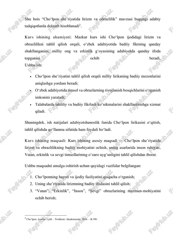 ia.org/wiki/1897 https://uz.wikipedia.org/wiki/andijon https://uz.wikipedia.org/wiki/shoir https://uz.wikipedia.org/wiki/yozuvchi https://uz.wikipedia.org/wiki/dramaturg https://uz.wikipedia.org/wiki/tarjimon https://uz.wikipedia.org/wiki/sadoi_turkiston https://uz.wikipedia.org/wiki/yangi_sharq https://uz.wikipedia.org/w/index.php?title=ishtirokiyun&action=edit&redlink=1 https://uz.wikipedia.org/w/index.php?title=qizil_bayroq&action=edit&redlink=1 https://uz.wikipedia.org/wiki/turkiston_(gazeta) https://uz.wikipedia.org/wiki/buxoro_axbori https://uz.wikipedia.org/wiki/turon_(teatr) https://uz.wikipedia.org/wiki/mushtum https://uz.wikipedia.org/wiki/darxon https://uz.wikipedia.org/wiki/moskva https://uz.wikipedia.org/wiki/o%ca%bbzbek_davlat_drama_teatri https://uz.wikipedia.org/wiki/sssr https://uz.wikipedia.org/wiki/guliston_(jurnal) 1938-yilda 4-oktabrda bo‘zsuv boʻyida qatl qilinadi. adabiy ijodi 1913- 1914-yillarda andijonning ijtimoiy va madaniy hayoti haqida xabarlar yozish bilan boshlangan. 1914-yil toshkentda munavvar qori abdurashidxonov va ubaydulla xoʻjayev bilan tanishish choʻlponning milliy uygʻonish harakati namoyandasi sifatida shakllanishida muhim omil boʻlgan. choʻlpon „sadoi turkiston“ gazetasida dastlabki „turkistonli qardoshlarimizga“ sheʼri, „qurboni jaholat“, „doʻxtir muhammadyor“ hikoyalari va „adabiyot nadir?“, "muhtaram yozgʻuvchilarimizga" maqolasini eʼlon qilib (1914), shu davr adabiyoti namoyandalari safidan oʻrin egallagan. turkiston aholisining iqtisodiy, ijtimoiy va madaniy qoloqlik sharoitida yashayotganining asosiy sababini rossiyaning mustamlakachilik siyosatida koʻrgan choʻlpon boshqa jadidlar qatori oʻz asarlari bilan xalqning madaniy va maʼrifiy saviyasini koʻtarishga kirishgan. 1917-yil fevral inqilobining roʻy berishi taraqqiyparvar ziyolilar dunyoqarashini oʻzgartirib yubordi. ular, shu jumladan, choʻlpon mustaqillik uchun kurash endi targʻibiy-tashviqiy davridan amaliy faoliyat bosqichiga oʻtganini angladilar. choʻlpon turkis