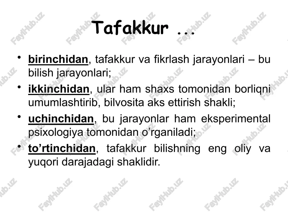 h. xulosa: tafakkur operatsiyalari — insonning bilish faoliyatida muhim o‘rin tutuvchi aqliy jarayonlar bo‘lib, ular orqali odam voqelikni chuqur anglaydi, tahlil qiladi, umumlashtiradi va xulosa chiqaradi. tahlil, sintez, taqqoslash, umumlashtirish, abstraksiyalash va konkretlashtirish kabi operatsiyalar tafakkurning harakat mexanizmini tashkil etadi. bu operatsiyalar insonning fikrlash madaniyatini rivojlantiradi, mantiqiy fikrlash, muammolarga to‘g‘ri yondashish, dalillarni tahlil qilib, asosli qarorlar qabul qilish imkonini beradi. ayniqsa, ta’lim jarayonida tafakkur operatsiyalaridan ongli foydalanish o‘quvchilarda mustaqil fikrlash, mantiqiy tahlil va ijodkorlik qobiliyatini shakllantirishga xizmat qiladi. xulosa qilib aytganda, tafakkur operatsiyalari insonning intellektual rivojlanishining asosi hisoblanadi. ularni ongli ravishda rivojlantirish — shaxsning bilim olish, yangilik yaratish va hayotiy muammolarni hal etishdagi eng muhim vositasidir. e’tiboringiz uchun rahmat! image1.png image2.png image3.png image4.jpeg image5.png image6.png image7.jpeg image8.jpeg /docprops/thumbnail.jpeg
