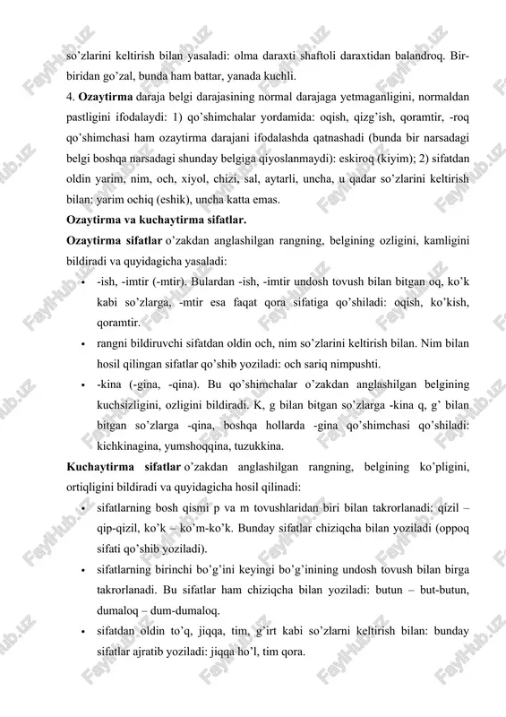 aytirma sifatlar esa orttirma darajadagi sifatlar guruhiga kiradi. sifatlarning yasalishi. sifatlar quyidagicha yasaladi: 1. sifat yasovchi qo’shimchalar bilan. 2. so’zlarni qo’shish bilan. 3. so’zlarni takrorlash bilan. 1. sifat yasovchi qo’shimchalar quyidagilardir: · otdan sifat yasovchi qo’shimchalar: -li: rasmli kitob, kuchli shamol; -dor: aybdor, vafodor; ba-: badavlat, baquvvat; ser-: serhosil olma; -mard: kasalmand, davlatmand. yuqoridagi qo’shimchalar asosdan anglashilgan belgiga egalikni bildiradi. -siz: tuzsiz ovqat; be-: beg’ubor, bexabar. bu qo’shimchalar esa (no- qo’shimchasi bilan birgalikda: noaniq, notinch) asosdan anglashilgan belgiga ega emaslikni ifodalaydi. -lik: toshkentlik (bola); -iy, -viy: tarbiyaviy soat, devoriy gazeta; -ga, -ki,-qi: bahorgi ishlar, qishki kiyim (paytga xos belgini bildiradi); -aki, -oqi: jizzaki, jirttaki,pistoqi; -yi: havoyi; -chan: ishchan bola; -simon: odamsimon maymun (o’xshashlik ma’nosini bildiradi); -kor,-gar: isyonkor, zulmkor, javobgar, ig’vogar; -i: qishloqi, qozoqi; -cha: farg’onacha, erkakcha, arabcha (o’yin); -namo: avliyonamo, darveshnamo; -parvar: xalqparvar, adolatparvar; -on: charog’on, za’faron; -aki: dahanaki, og’zaki; bad-: badbaxt, badnafs; -shumul: olamshumul, jahonshumul; -don: gapdon, bilimdon; -kash: …
