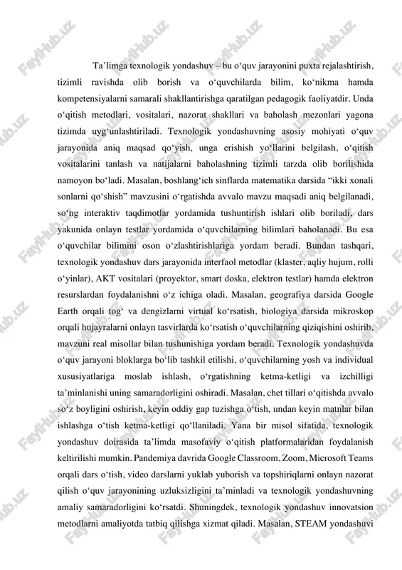 teams orqali dars o‘tish, video darslarni yuklab yuborish va topshiriqlarni onlayn nazorat qilish o‘quv jarayonining uzluksizligini ta’minladi va texnologik yondashuvning amaliy samaradorligini ko‘rsatdi. shuningdek, texnologik yondashuv innovatsion metodlarni amaliyotda tatbiq qilishga xizmat qiladi. masalan, steam yondashuvi asosida dars o‘tishda matematika va texnologiya fanlari birgalikda olib borilib, o‘quvchilarning ijodkorlik va amaliy bilimlarini uyg‘unlashtirish imkonini beradi. ta’lim jarayoniga texnologik yondashuvni tatbiq etish birinchi navbatda ta’lim sifatini oshiradi va o‘quvchilarda mustaqil o‘rganish ko‘nikmasini shakllantiradi. chunki o‘qituvchi darsni tizimli rejalashtiradi, o‘quvchilar bilan interaktiv usullar orqali ishlaydi va har bir bosqichda natija monitoringi olib boriladi. masalan, ingliz tili darsida o‘quvchilar uchun quizlet platformasi orqali yangi so‘zlarni mustahkamlash mashg‘ulotlari tashkil etilsa, o‘quvchilar mobil telefon yoki kompyuter orqali mustaqil ravishda o‘rganadi va shu orqali bilimlarni chuqurlashtiradi. texnologik yondashuvning yana bir afzalligi o‘quvchilarning qiziqishini oshirish va mavzuni tushunarli qilishdir. masalan, tarix darsida prezi yoki powerpoint orqali vizual xaritalar va tarixiy fotosuratlar bilan ishlash o‘quvchilarga voqealarni eslab qolishda yordam …