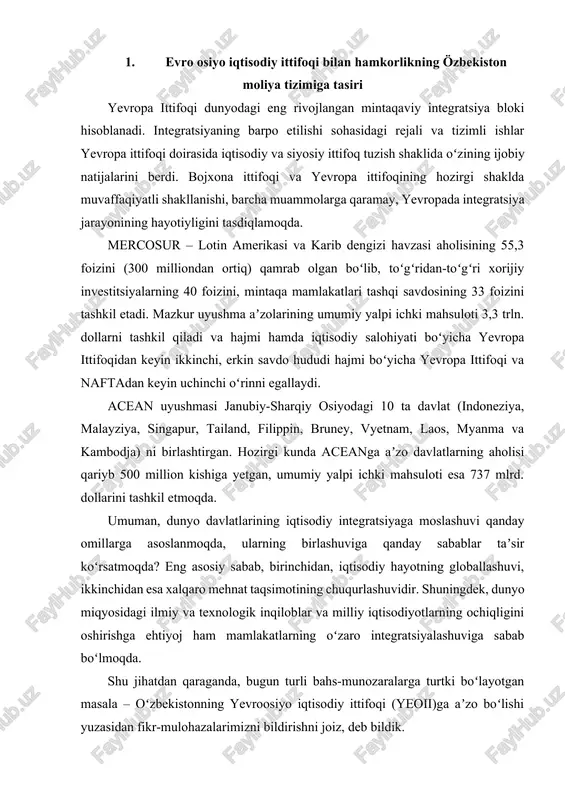 nosabatlarni tartibga soluvchi organlar va ularning faoliyati, hamkorligining huquqiy asoslari, oʻzaro kelishuv va bitimlarni chuqur tahlil qilish maqsadgamuvofiqdir. taʼkidlash lozim, yeoiining aʼzo davlatlari (rossiya, belarus, qozogʻiston, armaniston va qirgʻiziston) oʻrtasida tovarlar va xizmatlar harakati, migrantlar harakatlanishi va kapital harakatining erkinligi taʼminlangan boʻlib, yagona bojxona tizimiga ega boʻlgan umumiy iqtisodiy hudud shakllantirilgan. yevroosiyo iqtisodiy ittifoqining oliy organi aʼzo davlatlar rahbarlari tarkibidan tashkil topgan oliy yevroosiyo iqtisodiy kengashi (oyeik) hisoblanadi. kengash ittifoq faoliyatining asosiy masalalarini koʻrib chiqadi, integratsiyani rivojlantirish strategiyasi, yoʻnalishlari va istiqbollarini belgilaydi. yeoii shartnomasi, yeoii doirasidagi xalqaro kelishuvlar va oliy kengash qarorlarining bajarilishi va monitoringi aʼzo davlatlar hukumat rahbarlaridan iborat hukumatlararo kengash tomonidan taʼminlanadi. yeoii sudi – doimiy faoliyat yurituvchi sud organi hisoblanib, uning shtab-kvartirasi minsk shahrida joylashgan. u aʼzo davlatlar tomonidan yeoii shartnomasi tartib-qoidalaridan teng ravishda foydalanilishini taʼminlaydi va nizolarni hal qiladi. birinchi va ikkinchi jahon urushi juda ko’p yoqotishlarga va shu orqali bir qancha o’zgarishlarda saboq bo’ldi. birinchi …