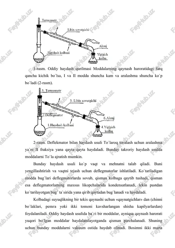 ksiyalar fraksiyalar fraksiyalarning qaynash chegarasi 0c uglevodorodlar molekulasidagi uglerod atomlarining soni benzin 20 – 200 4 –12 kerosin 175 – 275 9 –16 gazoyl 200 – 400 15 – 25 surkov moylari 300 dan yukori (vakuumda haydaladi) 20 – 70 laboratoriyada neftni haydash yo`li bilan birin-ketin fraksiyalarga ajratib, neft mahsulotlari olinadi. bu usulni sanoatda tadbiq etib bo`lmaydi. bu usul juda unumsig, ko`p mablag` sarflanadi va uglevodorodlarni molekulyar massasiga mos holda fraksiyalarga aniq ajratib berolmaydi (jadval). neftni uzluksiz ishlaydigan naysimon asboblarda haydash usulida haydaladi. qurilma ikkita asosiy qurilmadan - neft qizdiriladigan naysimon pech va dektifikatsiyalash kolannasidan iborat; bu kolonnada neft fraksiyalarga (distillyatlarga) - qaynash haroratlariga qarab, ayrim uglevodorodlar aralashmasiga benzin, ligroin, kerosin va boshqalarga ajraladi. rektifikatsiya usuli: haydash ajralib chiqqan bug` kondensatsiya jarayoniga uchraydi, hosil bo`lgan kondensat distilyat yoki rektifikat deb ataladi. rektifikatsiyali haydash, atmosfera bosimida yoki vakuum ostida olib boriladi. hattoki, xix asrning oxirlarida rektifikatsiya usuli bilan neft fraksiyalarga ajratilib …