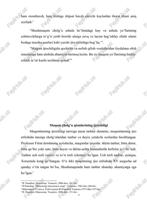 ijrochiligi haqida gapirar ekanmiz, bunda bevosita shashmaqom turkumining cholg’u, ya’ni mushkilot bo’limining tarkibiy qismlari nazarda tutiladi. shashmaqom cholg’u qismlarining ijrochiligi bo’yicha qilingan ishlar, avvalo, toshkent davlat konservatoriyasida 1972-yilda sharq musiqasi kafedrasining ochilishi bilan uzviy bog’liq. bu kafedra san’atshunoslik fanlari doktori, professor fayzulla karomatov tashabbusi bilan tashkil etilgan. vaqt o’tishi bilan sharq musiqasi kafedrasi sertarmoq, mohiyatan fakultetlararo bo’linmaga aylandi. san’atshunoslik fanlari doktori ishoq rajabov, cholg’u ijrochiligi bo’yicha yunus rajabiyning maslahati va tavsiyasiga ko’ra o’zbekistonda xizmat ko’rsatgan san’at arbobi, sozanda va bastakor faxriddin sodiqov, tanburdan o’zbekistonda xizmat ko’rsatgan artist rizqi rajabiylar ishni boshlab yubordilar.[footnoteref:8] [8: r.yunusov, faxriddin sodiqov. toshkent, 2005-yil 180-181-betlar.] maqom ijrochiligi bo’yicha akademik yunus rajabiyning izdoshi va yaqin safdoshi, atoqli ustoz-murabbiy faxriddin sodiqov talabalar cholg’u ansambli fanini o’z zimmasiga olar ekan, o’quv vazifalari o’rnida ayrim mezonlari avvallari sinovdan o’tkazilgan yangi ijodiy maqsadlarni ko’zlaydi.[footnoteref:9] [9: shashmaqom saboqlari (maqola va ma'ruzalarning ikkinchi to'plami). 2007-yil 46-bet. ] f.sodiqov rahbarlik qilgan talabalar maqom ansambli …