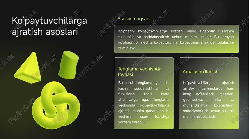 surat ko‘rinishidagi tenglamalardir. bu tenglamalar murakkab hisoblanadi. yechish usuli bunday tenglamalar o‘zgaruvchini almashtirish orqali oddiy algebraik tenglama ko‘rinishiga keltiriladi. almashtirish va izolyatsiya usullari asosiy roldan o’tkazib yuboradi. uchinchi va yuqori darajali tenglamalar ko‘rinishi uchinchi va undan yuqori darajali tenglamalar ko‘rinishi anxn + ... + a0 = 0 bo‘lgan tenglamalardir. bu tenglamalar murakkab hisoblanadi. yechish usullari bu tenglamalar umumiy formulaga ega bo‘lmasa-da, ayrim hollarda guruhlash, almashtirish yoki sonli usullar bilan yechiladi. bu usullar murakkab tenglamalarni yechishda foydali hisoblanadi. amaliy qo’llanish yuqori darajali tenglamalar yechimi ko‘pincha grafik yoki iteratsion usullar orqali topiladi. ularni tahlil qilish algebra va matematik tahlizda muhim masaladir. yechim strategiyalari va xulosalar strategiyalar turli darajali va ko‘rinishdagi tenglamalarni yechishda mos usullarni tanlash muhimdir. har bir tenglama turi uchun maxsus yechim strategiyalari mavjud. birinchi darajali tenglamalar birinchi darajali tenglamalar formulaga asoslangan. bu tenglamalar tezkor yechish uchun formulalardan foydalaniladi. ikkinchi darajali tenglamalar ikkinchi darajali tenglamalar diskriminantga asoslangan. diskriminant yechimlar sonini aniqlash …
