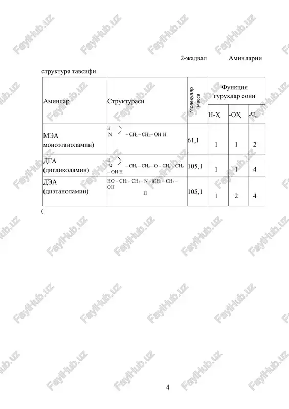 latrat deyiladi. u muzsimon modda bo'lib gidrat probkalarini hosil qiladi. gidratlar quvurlarda tiqin hosil qiladi buning natijasida kompressorlar ishdan chiqadi. shuning uchun tabiiy gazni magistral quvurlarga berishdan va past haroratda qayta ishlashdan oldin quritiladi. kuritish usulini tanlab olish aniq maqsadga va sharoitga bog'liq. bularga gazni tarkibi, quritish darajasi, quritilgan gazning tarkibi kiradi. gaz quritishda suv yutadigan, qattiq va suyuq sorbentlar ishlatiladi, yani adsorbentlar va absorbentlar ishlatiladi. ular quyidagi talablarga javob berishi kerak. 1. yuqori darajada namlikni yutishi kerak, yani yutuvchi massasi va hajmi birligiga nisbatan ko'p namlik yutishi kerak. 2. uzoq vaqt xizmat qilishi kerak. 3. arzon va olinishi qulay bo'lishi kerak. shu ko'rsatilgan sifatlarga aktiv alyuminiy oksidi, tseolit, suyuq moddalardan – di va tri etilenglikollar kiradi. neftni qayta ishlash korxonalarida odatda tabiiy gaz suyuq usul bilan tozalanganda dietilenglikol ishlatiladi. dietilenglikol bilan tozalanganda shudring nuqtasi –200s ga tushadi. aktiv alyuminiy oksidi bilan quritilganda shudring nuqtasi –700s ga, tseolit bilan quritilganda …