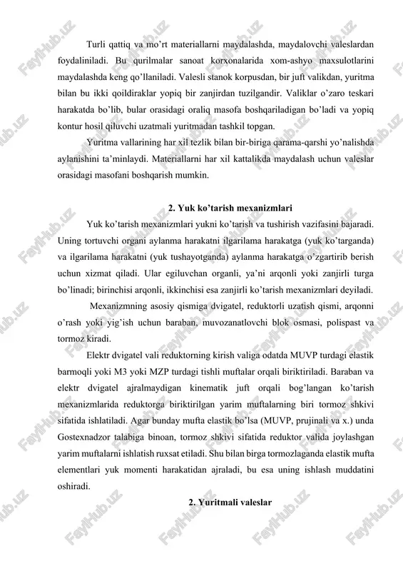 . shu bilan birga tormozlaganda elastik mufta elementlari yuk momenti harakatidan ajraladi, bu esa uning ishlash muddatini oshiradi. 2. yuritmali valeslar valeslar qurilish materiallari va boshxa sanoat korxonalarida qorishmalarni list shakliga keltirish, profillash va qizdirishda ishlatiladi. valeslarning ish bajaruvchi qismi ikki g’ovak silindrdan tuzilgan bo’lib, ular o’zaro parallel o’qlarda o’rnatilgan. ular har xil aylanish tezligi bilan bir-biriga teskari yo’nalishda aylanadi. valeslarning bunday harakatiga yopiq kontur hosil qiluvchi tishli g’ildiraklar orqali erishiladi. valeslarning yuritmasi elektrodvigatel, reduktor va sekin aylanuvchi tishli uzatmadan tashkil topgan. texnologik vazifasiga ko’ra valeslar bir necha turga bo’linadi. ulardan eng ko’p ishlatiladigani, aralashtiruvchi va qizdiradigan valeslardir. 2. neft so’rib olish qurilmasi bu qurilma yer ostidan neft so’rib olish uchun ishlatiladi. yuritma yordamida nasos plunjeri ilgarilanma-qaytarma harakatga keltiriladi. yuritma odatda elektrodvigateldan, ochiq uzatmadan, masalan, tasmali uzatmadan va reduktordan tashkil topgan. 2. pardozlash qurilmasi keramikadan yasalgan maxsulotlarni tashqi taosirdan saqlash va manzarali ko’rinishga keltirish uchun qalinligi 0,15…0,3 mm bo’lgan oynaga …