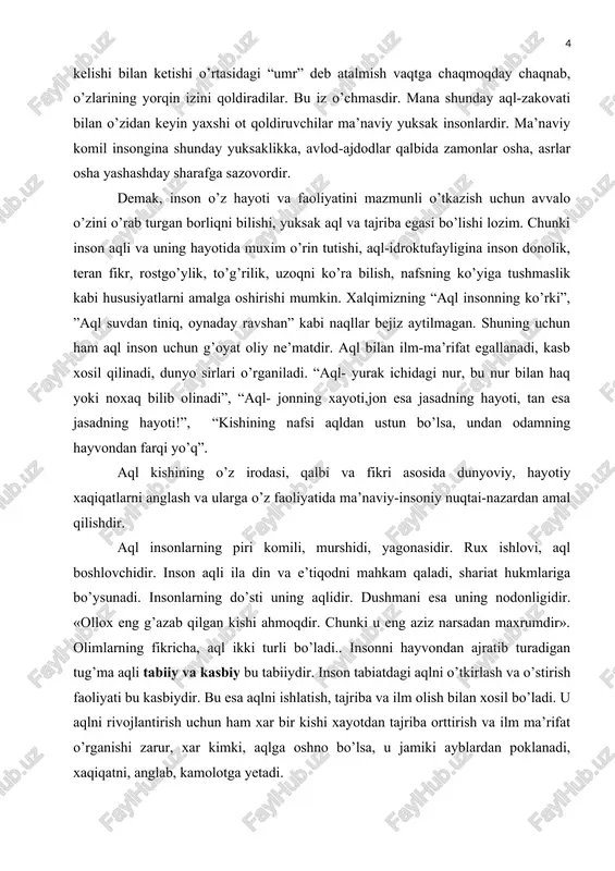 ’ysafidga yoqib tushdi. -men chaqirganimda o’rtoqlaring qochib ketdi. sen esa xuzurimga kelding, so’roqlarimga yaxshi javob berding. shuning uchun senga raxmat, umring uzoq bo’sin, boshing omon bo’lsin. olim, fozil, bo’lib, yaxshi obro’ga erishgaysan, - mo’ysafid uni duo qildi. bundan ko’rinib turibdiki, aqlli bolalar hamma joyda kamolu-ta’zim bilan salom beradilar. odob bilan munosabatda bo’ladilar. xaqiqatdan ham, aqlni ishlatgan kishi hayotida faqat ezguliklar qiladi va ezgulik ko’radi. lekin shuni aytish joizki, aql, zakovat jihatdan yetuk bo’lmagan inson hech qahon o’z vatanini, o’z dinini, eng asosiysi o’zligini anglay olmaydi, o’zligini anglamagan inson esa manqurtga aylanib qoladi. bu esa ertangi porloq kelajagimizning halokatidir. bizning bu boradagi eng asosiy vazifamiz yoshlarni ma’naviy barkamol, elim deb, yurtim deb yonib yashaydigan, yurt istiqboli uchun qayg’uradigan komil insonlarni tarbiyalashimiz, ularni kamol zarur. zebo, yurtboshimiz i.a.karimov aytganidek: «ilm, ma’rifat biz uchun bugun ham o’z ahamiyatini yo’qotgani yo’q yo’qolmaydi ham. aql-zakovatli, yuksak ma’naviyatli kishilarni tarbiyalay olsakkina oldimizga qo’ygan maqsadimizga erisha olamiz». …