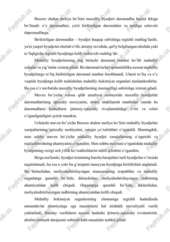 bu g’arajatni muayyan byudjetga kiritilishini anglatadi. bu birinchidan, moliyalashtirilayotgan muassasaning respublika va mahalliy organlarga qarashli bo’lishi, ikkinchidan, moliyalashtirilayotgan tadbirning ahamiyatidan kelib chiqadi. organlarga qarashli bo’lishi, ikkinchidan, moliyalashtirilayotgan tadbirning ahamiyatidan kelib chiqadi. mahalliy hokimiyat organlarining zimmasiga tegishli hududlarda umumdavlat ahamiyatiga ega masalalarni hal etishdek ma'suliyatli vazifa yuklatiladi. bunday vazifalarni asosini hududni ijtimoiy-iqtisodiy rivolantirish, aholini turmush darajasini oshirish kabi masalalar tashkil qiladi. shuningdek, mahalliy byudjetlar xarajatlari quyidagi shakllarda amalga oshirilishini ta'kidlab o’tamiz: 1. mahalliy byudjetlardan moliyalashtiriladigan byudjet tashkilotlarining joriy xarajatlari shaklida; 2. joriy byudjet transfertlari shaklida; 3. kapital xarajatlar shaklida; 4. qonun xujjatlarida ta'qiqlanmagan boshqa xarajatlar shaklida. mazkur mavzu bo’yicha xulosa qilib, buxoro shahar moliya bo’limi mahalliy byudjetlar xarajatlarining iqtisodiy mohiyatini, xarajat yo’nalishlari o’rganilganligini aytib o’tish mumkin. “hujjat mf” - moliya vazirligining elektron hujjat almashinuvi dasturiy ta'minotini o’rganish ushbu mavzu bo’yicha men viloyat, tuman (shahar) moliya organlarida “hujjat mf” dasturiy majmuasining ahamiyatini, o’ziga xos xususiyatlarini, shuningdek mazkur dasturga oid huquqiy-me'yoriy hujjatlarini o’rganib …