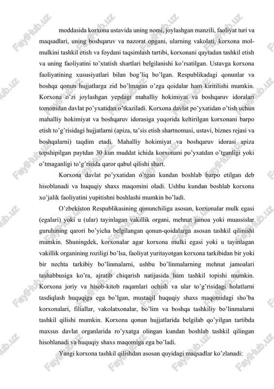 tayotgan korxona tarkibidan bir yoki bir nechta tarkibiy bo’linmalarni, ushbu bo’linmalarning mehnat jamoalari tashabbusiga ko’ra, ajratib chiqarish natijasida ham tashkil topishi mumkin. korxona joriy va hisob-kitob raqamlari ochish va ular to’g’risidagi holatlarni tasdiqlash huquqiga ega bo’lgan, mustaqil huquqiy shaxs maqomidagi sho’ba korxonalari, filiallar, vakolatxonalar, bo’lim va boshqa tashkiliy bo’linmalarni tashkil qilishi mumkin. korxona qonun hujjatlarida belgilab qo’yilgan tartibda maxsus davlat organlarida ro’yxatga olingan kundan boshlab tashkil qilingan hisoblanadi va huquqiy shaxs maqomiga ega bo’ladi. yangi korxona tashkil qilishdan asosan quyidagi maqsadlar ko’zlanadi: - iste’molchilar talab qilayotgan mahsulot ishlab chiqarishni ko’paytirish va uni sotishdan foyda (daromad) olish; - ishlab chiqarishga ish bilan band bo’lmagan aholini jalb qilish va shu orqali ish bilan ta’minlashdagi ijtimoiy muammolarni hal qilish; - ishlab chiqarishga mavjud qo’shimcha resurslarni jalb qilish; - fan-texnika yutuqlaridan foydalangan holda yangi sanoat mahsulotlarini ishlab chiqarish; - yakka tarzda yoki hamkorlikda faoliyat yuritish uchun kichik korxona (o’rtoqchilik kabi) tashkil qiluvchi alohida fuqarolar …