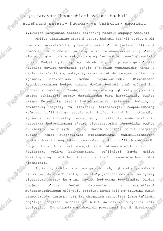 hamda siyosiy ahvoliga bevosita ta’sir ko’rsatib bu budjet tizimi hamda jarayonini qayta ko’rib chiqish ahamiyatini oshiradi. avvalambor, budjet jarayoniga ta’rif beradigan bo’lsak, “budjet jarayoni- davlat budjetini tuzish, ko’rib chiqish, qabul qilish va ijro etish, uning ijrosini nazorat qilish, ijrosi haqidagi hisobotni tayyorlash va tasdiqlash, shuningdek davlat budjeti tuzilmasiga kiruvchi budjetlar o’rtasidagi o’zaro munosabatlarning qonun hujjatlari bilan tartibga solingan jarayon. 2 3 4 budjet jarayonining mazmuni mamlakatning davlat va budjet tuzilishi, tegishli organlar va yuridik shaxslarning budjet huquqlari bilan belgilanadi hamda budjet jarayonining mazmunini belgilashda budjetni tuzish tartibi, uning normativ-huquqiy va tashkiliy asosi, mamlakat budjetini tuzishning nazariy va metodologik masalalari muhim rol o’ynaydi. budjet jarayoni bosqichlari budjet jarayoni, odatda, budjet faoliyatining quyidagi to’rt bosqichini o’z ichiga oladi -budjet loyihasini tuzish (ishlab chiqish, yaratish); -budjetni ko’rib chiqish (muhokama qilish) va tasdiqlash; -budjetni ijro etish; -budjetning ijrosi to’g’risidagi hisobotni tayyorlash va uni tasdiqlash. budjet jarayonining davomiyligi yuqoridagi to’rt bosqichning barchasidan iborat bo’lib, odatda, …