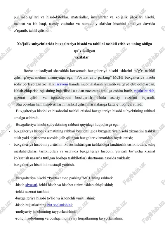 sining hissasi 100%ni tashkil etadi va pul mablag’lari to’liq shakllanadi. ustav fondida qayd etilgan faoliyat turlari quruqlik transpori sohasidagi xizmatlar, avtoturargoh va avtoparkovkalarni tashkil etish va ularni ekspluatatsiya qilishdan iborat. xalqaro standartlar bo’yicha tuziladigan moliyaviy hisobotga doir talablar moliyaviy hisobotning xalqaro standartlarida belgilanadi. xo’jaliklarda mavjud pul mablag’laridan maqsadli foydalanish va ularni samarali boshqarish, shuningdek, olinadigan mablag’lar va majburiyatlarni o’z vaqtida so’ndirish buxgalteriya hisobi orqali nazorat qilinadi. shu boisdan, ushbu nazoratni to’g’ri va o’z vaqtida tashkil etishda uning oldiga bir qator vazifalarni bajarishni taqozo etadi. ular quyidagilardan iborat: · pul mablag’lari va hisob–kitob operatsiyalarini o’z vaqtida tegishli hujjatlarda to’g’ri rasmiylashtirib borish; · kassadagi kirim va chiqim qilinayotgan mablag’larni to’g’ri rasmiylashtirish hamda ularni kassa daftarida qayd qilib borish; · kassadagi naqd pul mablag’lari va unga ekvivalent bo’lgan pul hujjatlari, qimmatli qog’ozlarning butligini kundalik nazorat qilib borish; · pul mablag’laridan to’gri foydalanish va ularning maqsadli sarflanishini doimiy nazorat qilish; · budjet, budjetdan tashqari …