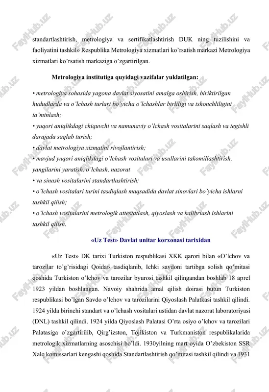 ublikasi prezidentining 2017 yil 28 apreldagi «o’zbekiston standartlashtirish, metrologiya va sertifikatlashtirish duk faoliyatini takomillashtirish chora-tadbirlari to’g’risida» pq-2935-sonli qaroriga muvofiq mavjud «milliy etalonlar markazi» davlat muassasasi, «metrologiya xizmatlari ko’rsatish markazi» davlat unitar korxonasi va «standartlashtirish, metrologiya va sertifikatlashtirish ilmiy-tadqiqot instituti» davlat muassasasining metrologik bo’linmalari negizida «o’zbekiston milliy metrologiya instituti» davlat unitar korxonasini («o’zmmi» dk) tashkil etildi. 1.1 o’lchash turlari, usullari va elektr o’lchash vositalari. umuman o’lchash juda hilma – xil yo’sinda o’tkazilishi mumkin. bu albatta o’lchanadigan elektr va noelektrik kattaliklarning ko’pligiga, ularning vaqt bo’yicha har xil harakterda o’zgarishiga, o’lchash aniqligiga qo’yiladigan talablarga va o’lchash natijalarining har xil yo’l bilan olinishiga bog’liqdir. metodologik nuqtai nazardan o’lchash natijasi qanday olinishiga qarab, o’lchash quyidagi turlarga bo’linadi: 1.bevosita; 2.bilvosita; 3.majmuiy; 4.birgalikda; bevosita o’lchash – o’lchanayotgan kattalikning aniq qiymatini tajriba natijasidan bevosita topish. masalan, elektr tokini ampermetrda o’lchash. x=y1 , bu yerda: x-o’lchanadigan kattalik, y- tajriba natijasi. bilvosita o’lchash – bevosita o’lchangan kattaliklar bilan o’lchanayotgan kattalik …