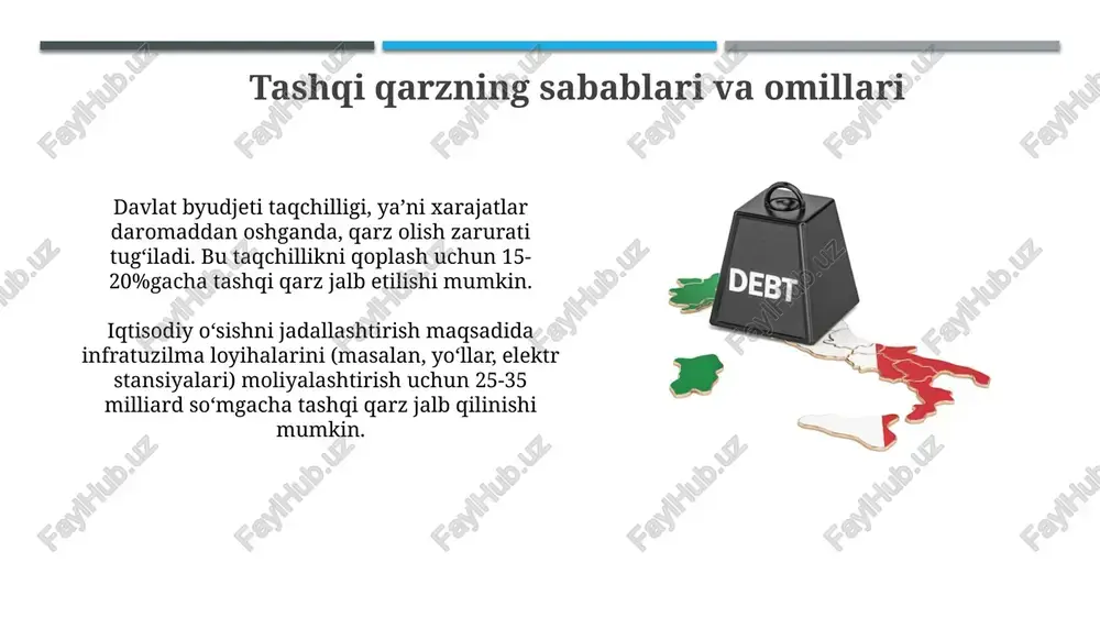xalqaro tashkilotlarning tashqi qarz siyosati xalqaro tashkilotlar, masalan, imf, tashqi qarz siyosatida qarz oluvchi davlatlarning iqtisodiy barqarorligini ta'minlash uchun foiz stavkalarini belgilashda muhim rol o'ynaydi. jahon banki kabi tashkilotlar, tashqi qarz siyosatini amalga oshirishda davlatlarga texnik yordam ko'rsatadi va samarali qarz boshqaruvi bo'yicha maslahatlar beradi, qarz yukini kamaytirish uchun. o'zbekistonning tashqi qarz siyosati o'zbekiston tashqi qarz siyosati asosan investitsiya loyihalarini moliyalashtirishga yo'naltirilgan bo'lib, bu iqtisodiyotning rivojlanishiga xizmat qiladi hamda 80% dan ortiq qismi shu maqsadga sarflanadi. mamlakat tashqi qarzi yaimning 60% dan oshmasligi ta'minlanadi, bu makroiqtisodiy barqarorlikni saqlash va qarz yukini kamaytirishga qaratilgan muhim ko'rsatkich hisoblanadi. xulosa va tavsiyalar davlat tashqi qarzini boshqarishda samaradorlikni oshirish uchun 5 yillik qarz strategiyasi ishlab chiqish va qat'iy rioya etish tavsiya etiladi. tashqi qarzdan oqilona foydalanishni ta'minlash uchun investitsiya loyihalarini baholashning 3 bosqichli tizimini joriy etish zarur. e'tiboringiz uchun rahmat image1.png image2.jpg image3.jpg image4.jpg image5.jpg image6.jpg image7.jpg image8.jpg image9.jpg image10.jpg image11.jpg image12.jpg image13.jpg image14.jpg …