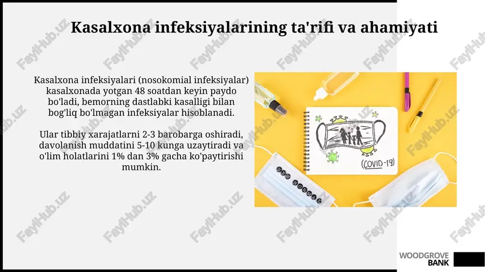 slik, xavfni 25% ga oshiradi. woodgrove bank kasalxona infeksiyalarining oldini olish strategiyalari kasalxonada infeksiyalarning oldini olishda qo'llarni gigienik tozalash muhim, bunda alkogolli antiseptiklar kamida 60% konsentratsiyada ishlatiladi. bu mikroorganizmlarning tarqalishini kamaytiradi. atrof-muhitni muntazam tozalash va dezinfeksiya qilish, ayniqsa, yuqori darajadagi kontakt zonalarida (masalan, eshik tutqichlari), kasallik qo'zg'atuvchilarni yo'q qilishga yordam beradi. woodgrove bank infektsiya nazorati bo'yicha tavsiyalar va protokollar infektsiya nazoratining asosiy tavsiyalaridan biri - bu sog'liqni saqlash xodimlari uchun qo'llarni kamida 20 sekund davomida sovun va suv bilan yuvish yoki antiseptik vositalardan foydalanishdir. kasalxonada infektsiyalarni oldini olish protokollarida xonalarni kuniga kamida 1 marta dezinfeksiya qilish, shuningdek, bemor bilan aloqa qilgandan so'ng tozalash va dezinfeksiya qilish ko'rsatilgan. woodgrove bank xulosa va kelajakdagi yo'nalishlar klinik ma'lumotlarni tahlil qilish uchun sun'iy intellekt va mashinaviy o'rganish usullarini joriy etish kasallik tarqalishini 25% ga kamaytirishga yordam beradi. genomik tahlil va tezkor diagnostika testlarini (masalan, ngs) qo'llash infeksiya manbalarini 10-15% tezroq aniqlash imkonini beradi. woodgrove …