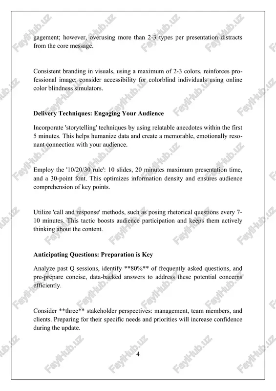 25-minute blocks (pomodoro) for specific tasks, help maintain focus and prevent scope creep beyond the initial project parameters. regularly reassess the project scope against the original charter, using key performance indicators (kpis) to quantify progress and ensure alignment with initial goals. establish and actively manage a 'parking lot' list for out-of-scope ideas. this prevents tangents during meetings and reserves them for future phases or projects. non-verbal communication: projecting confidence maintain eye contact for 5-7 seconds; a steady gaze shows engagement and confidence, but avoid staring, which can make listeners feel uncomfortable and decrease trust by approximately 30%. use purposeful hand gestures, like open palms, to demonstrate honesty; keeping hands visible instead of hidden can increase perceived confidence levels by an estimated 15-20%. adopt a powerful stance, with feet shoulder-width apart; this grounding technique lowers anxiety by roughly 10% and signals assurance to your audience when presenting data. following up: addressing …