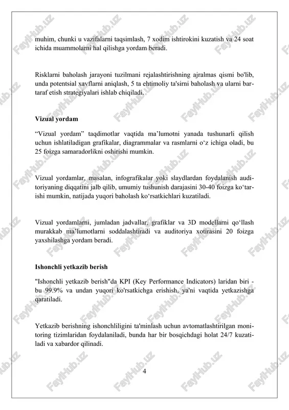alar yoki grafikalar, 7/24 ma'lumotni aniqlash uchun ishlatilishi mumkin. bu raqamlar va tendensiyalarni tushunishni osonlashtirib, noaniqlikni kamaytiradi. vaziyat yuzasidan 360 graduslik fikr-mulohazalarni ta'minlash orqali noaniqliklarni hal qiling. turli nuqtai nazarlarni hisobga olish bilan to'liqroq tushunishga erishish mumkin. fikr-mulohazalarni so'rash fikr-mulohazalarni so'rashda, jamoaning 80% dan ko'proq qatnashishini ta'minlash uchun, anonim so'rovlardan foydalanish mumkin, bu esa tortinchoq a'zolarga yordam beradi. baholash shkalasida 1 dan 5 gacha bo'lgan raqamlardan foydalanib, 360 darajali fikr-mulohaza olish usuli xodimning turli nuqtai nazarlardan baholanishiga imkon beradi. yangi loyiha boshlashdan oldin, 10-15 nafar asosiy manfaatdor tomonlardan fikr so'rash maqsadga muvofiq, bu esa dastlabki muammolarni aniqlashga yordam beradi. amaliy mashqlar amaliy mashqlar, nazariy bilimlarni mustahkamlash va real vaziyatlarda qoʻllash imkonini beradi, misol uchun, 5 ta vaziyatni oʻrganish va 3 ta yechim topish orqali. amaliy mashqlar, oʻquv jarayonida faol ishtirok etishga undaydi, masalan, 2 guruhga boʻlinib, 10 daqiqalik rolli oʻyin orqali vazifalarni hal qilish. amaliy mashqlar, talabalarning tahlil qilish va …