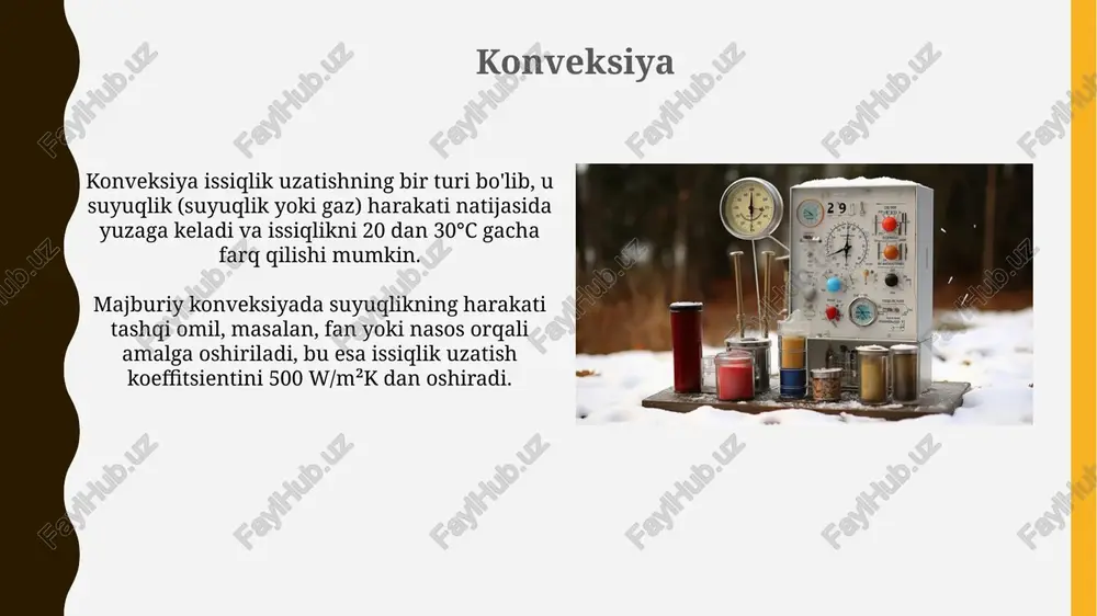 nuni o'zgarmas issiqlik o'tkazishni tavsiflaydi: q= -k*a*(dt/dx), bu erda q - issiqlik oqimi, k - issiqlik o'tkazuvchanlik koeffitsienti, a - yuzasi, dt/dx - harorat gradienti. o'zgaruvchan issiqlik o'tkazish o'zgaruvchan issiqlik o'tkazishda harorat taqsimoti vaqt o'tishi bilan o'zgaradi, bu esa fur'e tenglamasining vaqtdan bog'liq bo'lgan yechimini talab qiladi, masalan, 1d devorning sovishi. biot soni (bi < 0.1) jism ichidagi issiqlik o'tkazuvchanligining yuza issiqlik uzatishiga nisbatan ahamiyatini baholaydi, bu esa qanday yechim usulini qo'llashni aniqlashga yordam beradi. fazaviy o'tishlar fazaviy o'tishlar, masalan, suyuqlikning qaynashi, haroratning o'zgarmasligida sodir bo'ladi, chunki issiqlik molekulalararo bog'larni uzish uchun 100°c da sarflanadi. sublimatsiya qattiq moddaning to'g'ridan-to'g'ri gazga aylanishi (masalan, quruq muz) bo'lib, bosim va harorat sharoitlari uch nuqtadan past bo'lganida 0 gradusdan ham pastda sodir bo'ladi. e'tiboringiz uchun rahmat image1.jpg image2.jpg image3.jpg image4.jpg image5.jpg image6.jpg image7.jpg image8.jpg image9.jpg image10.jpg image11.jpg image12.jpg image13.jpg image14.jpg image15.jpg image16.jpg image17.jpg