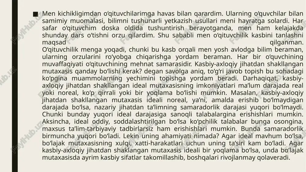 imkonini beradi, deb tasavvur qilish qiyin emas. shu bilan birga, o‘qituvchining professiogrammasi o‘qituvchining bilim, ko‘nikma va malakalariga, uning shaxsiga, qobiliyatiga, psixofiziologik imkoniyatlari va tayyorgarlik darajasiga qo‘yiladigan talablar nuqtai nazaridan to‘liq malaka tavsifini beruvchi hujjatdir. professiogramma yaratish zarurati zamonaviy o'qituvchi bir qancha sabablarga ko'ra: ijtimoiy tartibning maktab, o‘qituvchilik kasbi uchun ahamiyati; jamiyatning o‘qituvchi shaxsiga qo‘yayotgan talablarining kuchayishi; ijtimoiy va ilmiy-texnikaviy o'zgarishlar munosabati bilan uning kasbiy malakasi mezonlarining o'zgarishi; o‘qituvchi faoliyatining markazida o‘quvchining har tomonlama rivojlanishi turadi. quyidagilar o‘qituvchining eng muhim vazifalaridir: ta’lim berish – o‘quvchilarga fan asoslarini puxta o‘rgatish, ularning bilim darajasini oshirish. tarbiyalash – yoshlarni axloqiy, ma’naviy va estetik jihatdan tarbiyalash, ularni halol, vatanparvar, mehnatsevar inson qilib voyaga yetkazish. rivojlantirish – o‘quvchilarning tafakkuri, nutqi va ijodiy qobiliyatlarini rivojlantirish. motivatsiya berish – o‘quvchilarni o‘qishga, izlanishga va yutuqqa erishishga undash. individual yondashuv – har bir o‘quvchining qiziqishi va qobiliyatini inobatga olib, unga mos o‘qitish usulini tanlash. zamonaviy texnologiyalardan foydalanish – ta’lim jarayonida …