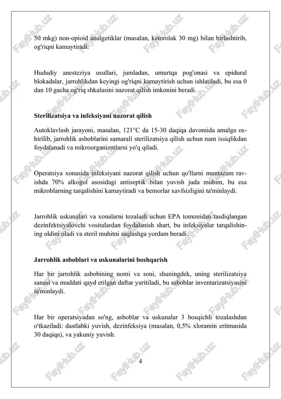 da ma'lumot berishlari shart. kimyoviy yoki biologik xavf yuzaga kelganda, xodimlar shaxsiy himoya vositalaridan (ppe) foydalanishi, bemorlarni izolyatsiya qilish va protokollarga rioya qilishlari kerak. dokumentatsiya va hisobot berish operatsiya jurnalida har bir jarrohlik amaliyoti batafsil qayd etiladi, unda bemorning ismi, operatsiya turi, ishlatilgan asboblar va anesteziya haqida ma'lumotlar kiritiladi, bu jarayonning 1-bosqichidir. har bir operatsiyadan so'ng, jarrohlik guruh a'zolari operatsiyaning borishi, asoratlar, qon yo'qotish va boshqa muhim faktlar haqida batafsil bayonot yozadi, bu esa hisobotning 2-qismidir. yillik hisobotlarda jarrohlik amaliyotlarining soni, muvaffaqiyat darajasi, asoratlar statistikasi va sarflangan resurslar haqida ma'lumotlar jamlanadi, bu esa operatsiyalarni 3-tomondan baholashga yordam beradi. sifat nazorati va takomillashtirish sifat nazoratining muhim qismi jarrohlik natijalari va asoratlarni kuzatishdir. ma'lumotlar yig'ish va tahlil qilish orqali, 30 kunlik o'lim ko'rsatkichlari va infektsiya darajasi kabi ko'rsatkichlarni aniqlash mumkin. jarrohlik bo'limida doimiy takomillashtirish sikli (plan-do-check-act) qo'llaniladi. jarayonlar o'rganiladi, 5s usuli singari sifatni oshirish strategiyalari amalga oshiriladi va natijalar baholanib, yaxshilanishlar kiritiladi. …
