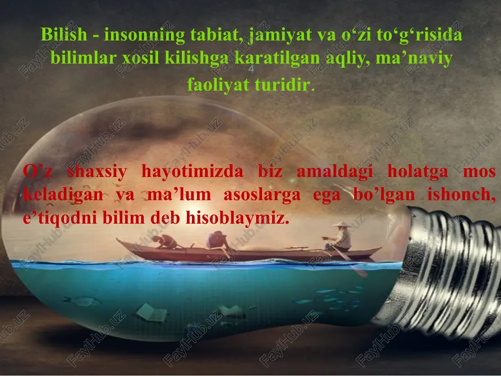 ing bosh mezoni (ko'rsatkichi) – olingan natija- larning yangiligi va ijtimoiy ahamiyatga ega ekanligi. u juda katta aqliy va jismoniy harakat («ijod mashaqqatlari» deb bejiz aytmaydilar), ba'zan fuqarolik jasorati va hatto jonbozlik talab qiladi. 2. shunday qilib, insonning bilishi rivojlanib boruvchi, faol jarayondir. bu, avvalo,jamiyatda yangi ehtiyojlarning tug'ilishi, tegishli ravishda amaliyotning rivojlanishi va takomillashuvi bilan belgilanadi. 3. ayni shu sababli bilish «mangu harakat, qarama-qarshiliklarning yuzaga kelishi va ularning echilishi jarayoni» deb qaralishi lozim. 4. bilish jarayonining ichki mantig'i (izchilligi) qanday? image3.jpeg image4.png image5.png image6.jpeg image7.jpeg image8.jpeg image9.jpeg image10.jpeg image11.jpeg image12.jpeg image13.jpeg image14.jpeg image15.jpeg image16.png image17.jpeg /docprops/thumbnail.jpeg