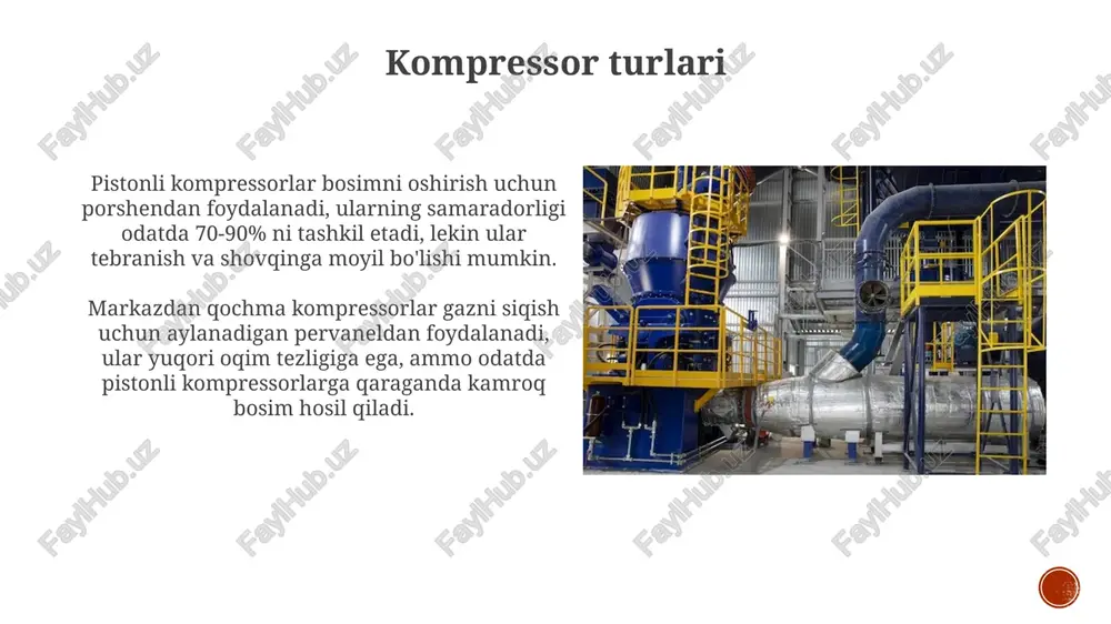 tejash usullari kompressorning optimal ish rejimini (masalan, yuklanish/tushirish tsikllarini) sozlash orqali, energiya sarfini 15-20% gacha kamaytirish mumkin, bu esa ortiqcha ishlash vaqtini yo'q qiladi. kompressor tizimidagi bosim pasayishini kamaytirish, misol uchun, filtrlarni muntazam tozalash orqali, energiya samaradorligini 5-10% ga oshiradi va quvvat sarfini kamaytiradi. xulosa kompressorning ish jarayonini optimallashtirish energiya sarfini kamaytirish va uning 70-90% samaradorligini ta'minlashda muhim ahamiyatga ega. kompressor quvvat sarfi bosim nisbati, hajm oqimi va izentropik ko'rsatkich kabi omillarga bog'liq bo'lib, 10% gacha tejalishi mumkin. e'tiboringiz uchun rahmat image5.jpg image6.jpg image7.jpg image8.jpg image9.jpg image10.jpg image11.jpg image12.jpg image13.jpg image14.jpg image15.jpg image16.jpg image17.jpg image18.jpg image19.jpg image20.jpg image21.jpg image1.png image2.png image3.png