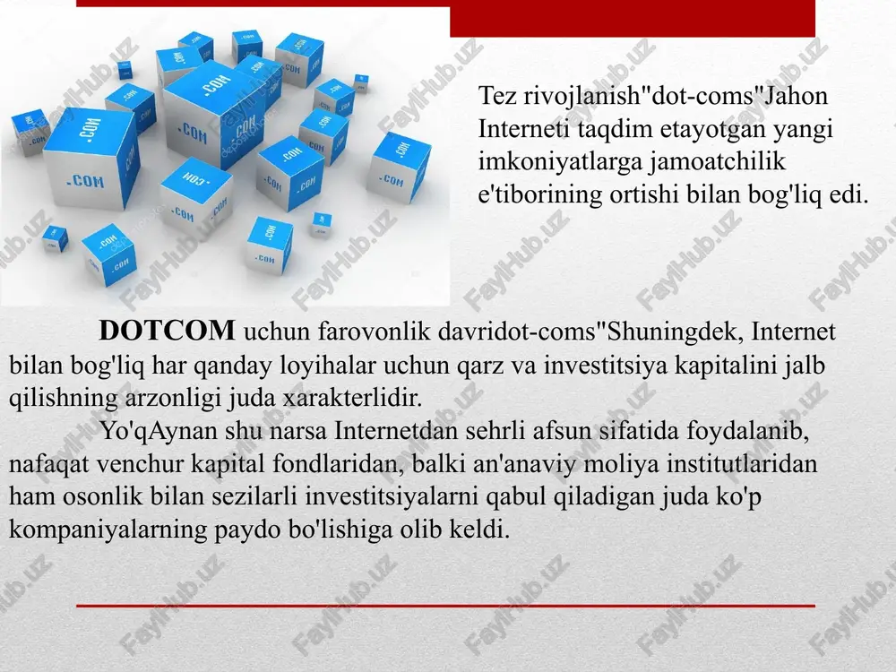 .com -hisobotlarni buzish va kreditorlar va investorlarni yo'ldan ozdirish. kompaniyaning qarzlari o'nlab milliard dollarni tashkil etdi. 2000 yil 10 martda yuqori texnologiyali indeks qulab tushdi.nasdaq kompozitfaqat bir yil ichida indeks 5132 punktdan 1100 punktga tushib, deyarli besh baravar pasaydi. ajoyibko'pchilik kompaniyalar -dot-comsamerika fond birjasi bilan birga portladi. ba'zi rahbarlardot-comsaksiyadorlarning pullarini o‘zlashtirish va firibgarlik aybi bilan sudlangan. yiqilish dot-coms internet orqali xizmatlar ko'rsatish bilan shug'ullanadigan yuqori texnologiyali kompaniyalarning qimmatli qog'ozlariga bo'lgan ishonchni yo'qotishdan iborat edi. bubir tomondan, amalda ularga berilgan umidlarni oqlamagan postindustrial texnologiyalarni sezilarli darajada oshirib yuborish natijasida yuzaga kelgan; boshqa tomondan, bu umidlar bo'yicha nazoratsiz spekülasyonlar mavjud edi, bu esa ishonchning pasayishining salbiy ta'sirini sezilarli darajada oshirdi. aslidatalabi va qiymati oshib ketgan butun xizmat ko'rsatish sohasi mavjud bo'lishni to'xtatdi. bu turli o'lchamdagi, asosan, yangi minglab firma va kompaniyalarning bankrotligi bilan birga keldi. vaqtinchalik ishdan bo'shatilgan ko'plab texnologiya mutaxassislari, masalan, dasturchilar, to'yingan mehnat bozoriga duch kelishmoqda. inaqshning xalqaro autsorsingi va …