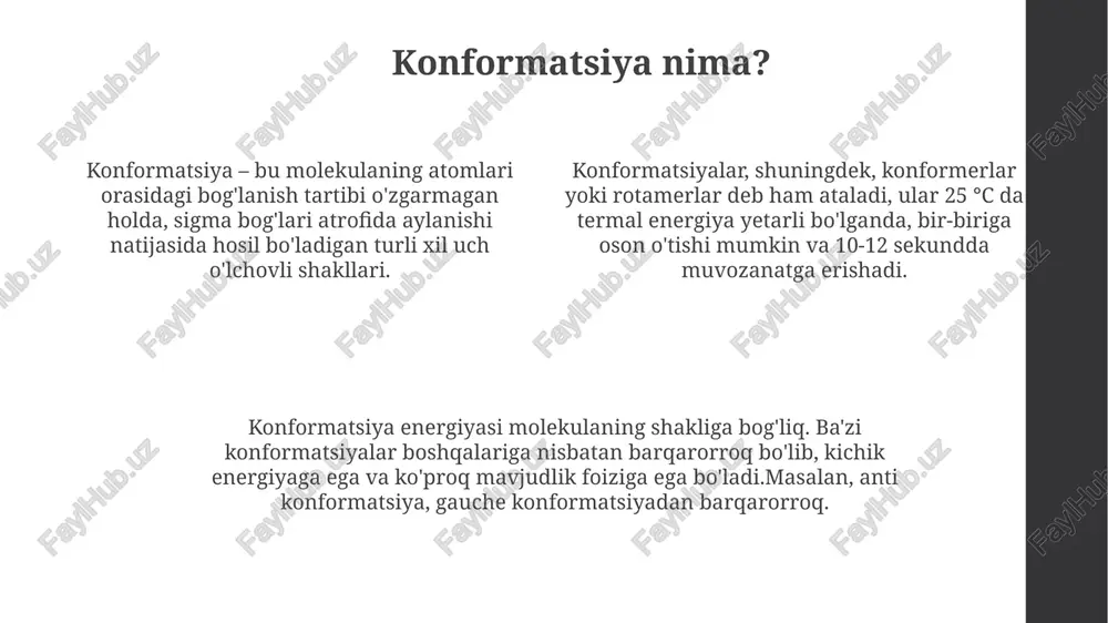 li xil konformatsiyalarni 0 dan 360 gradusgacha intervalda yaratadi. butanning aylanish energiyasi profili gauche konformatsiyasi uchun taxminan 3,8 kj/mol va to'liq qoplangan konformatsiya uchun 19 kj/mol energiyani ko'rsatadi. tsikloheksan konformatsiyalari ringning ag'darilishi jarayonida siklgeksanning kreslo konformatsiyasi orqali yarim-kreslo, burama-qayiq, qayiq va yana burama-qayiq kabi bir qator oraliq konformatsiyalardan o'tadi. siklgeksanning eng barqaror konformatsiyasi kreslo konformatsiyasidir, unda barcha qo'shnilar orasidagi burchak zo'riqishi minimallashtiriladi va burchak taxminan 109,5 gradusga teng bo'ladi. siklgeksanning burama-qayiqli konformatsiyasi kresloga nisbatan energiyaga ko'proq muhtoj bo'ladi, taxminan 23 kj/mol, chunki unda qisman chayqalish zo'riqishi va transannulyar o'zaro ta'sirlar mavjud. konformatsion o'zgarishlar konformatsion o'zgarishlar molekulaning ichki aylanishi natijasida hosil bo'ladi, bu jarayon davomida energiya to'sig'i 0 dan 120 kj/mol gacha bo'lishi mumkin. ba'zi konformatsiyalar boshqalariga qaraganda barqarorroqdir, masalan, sikloheksanning stul shakli qayiq shakliga nisbatan taxminan 29 kj/mol ga barqarorroq. konformatsion izomerlar, shuningdek, rotamerlar deb ham ataladi, ular kimyoviy reaksiyalar tezligiga ta'sir qilishi mumkin, ba'zi konformatsiyalar reaktiv markazni himoya qilishi …