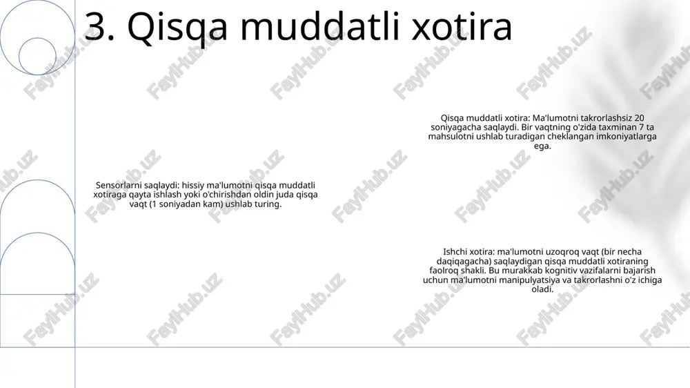 kognitiv qobiliyatini anglatadi. chiqarish: ma'lumotni guruhlashchunking - bu ma'lumotlarni mazmunli guruhlarga ajratishni o'z ichiga olgan xotira texnikasi. katta hajmdagi ma'lumotlarni kichikroq, boshqariladigan bo'laklarga bo'lish orqali eslab qolish va eslab qolish osonroq bo'ladi. metaxotira: xotirani kuzatish metaxotira insonning o'z xotirasi haqidagi bilimlari va e'tiqodlarini anglatadi. bu xotira ishlashini kuzatish, aniqligini baholash va ma'lumotni saqlash va olish bo'yicha qaror qabul qilish qobiliyatini o'z ichiga oladi. 10. istiqbolli xotira yashirin xotira: ongli ravishda anglash mumkin bo'lmagan xotira turi aniq xotira: ongli ravishda anglash mumkin bo'lgan xotira turi xotira jarayonlari: xotiralarni kodlash, saqlash va olish bilan bog'liq jarayonlar 11. yashirin xotira aniq xotira: avtobiografik xotira - hayotimizdagi shaxsiy tajriba va voqealarni saqlaydi. - o'tmishimiz haqidagi aniq tafsilotlarni, masalan, bolalik xotiralari yoki ta'tillarni eslab qolishga imkon beradi. aniq xotira: semantik xotira- dunyo haqidagi umumiy bilim va faktlarni saqlaydi.- tarixiy voqealar, ilmiy tamoyillar va til kabi maʼlumotlarni oʻz ichiga oladi. aniq xotira: epizodik xotira - biz …