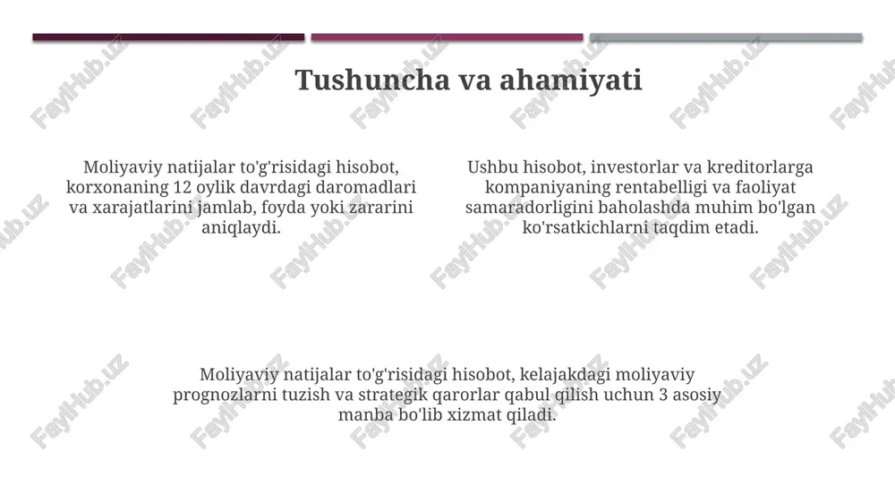 va dividend to'lovlari kabi elementlarni kiritish moliyaviy natijalar hisobotining tuzilishini to'liq o'rganishga imkon beradi. moliyaviy natijalar haqidagi hisobotda misollar aktivlarni baholash va amortizatsiya usullarini tushuntirishga yordam beradi, bu hisobni tuzishda muhim rol o'ynaydi. amaliy mashqlar, xususan, daromad va xarajatlarni hisoblash kabi vazifalarni o'z ichiga oladi, bu moliyaviy ko'rsatkichlarni aniq tahlil qilish imkonini beradi. xulosalar va tavsiyalar xulosalar moliyaviy ko'rsatkichlar tahlili asosida tuziladi, masalan, rentabellik 15% ga oshganini yoki xarajatlar 8% ga kamayganini ko'rsatadi. tavsiyalarda kelajakdagi strategiyalar aks etadi, misol uchun, marketing xarajatlarini 10% ga oshirish orqali sotuvlarni 20% ga ko'paytirish taklif etiladi. xulosa va tavsiyalarda moliyaviy barqarorlik, likvidlilik va samaradorlikni yaxshilash uchun aniq maqsadlar va choralar belgilanishi muhimdir. e'tiboringiz uchun rahmat