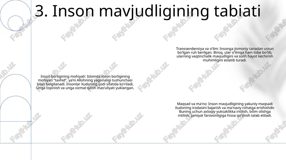 inson falsafasining kelajagi allohning savoli: ibn sino o'zining "inson falsafasi" kitobida xudoning mavjudligi masalasini qo'yadi. u jismoniy dunyoning mavjudligi zaruriy mavjudotning mavjudligini nazarda tutadi, deb ta'kidlaydi, u xudo deb belgilaydi. haqiqatning tabiati: ibn sino ham voqelik mohiyatini muhokama qiladi. u jismoniy olam yagona voqelik emasligini, bundan tashqari oliy, ruhiy voqelik borligini ta’kidlaydi. u ruhning o'lmas ekanligiga va u o'limdan keyin oliy haqiqatga ko'tarilishi mumkinligiga ishonadi. inson mavjudligining maqsadi:ibn sino inson mavjudligining maqsadi baxtga erishish deb hisoblagan. u baxtni faqat bilim va donolikka intilish orqali topish mumkinligini ta'kidlagan. shuningdek, u axloqiy xulq-atvor va boshqalarga nisbatan rahm-shafqat muhimligini ta'kidladi. 13. xulosa e'tiboringiz uchun rahmat @taqdimot_robot image1.png /docprops/thumbnail.jpeg