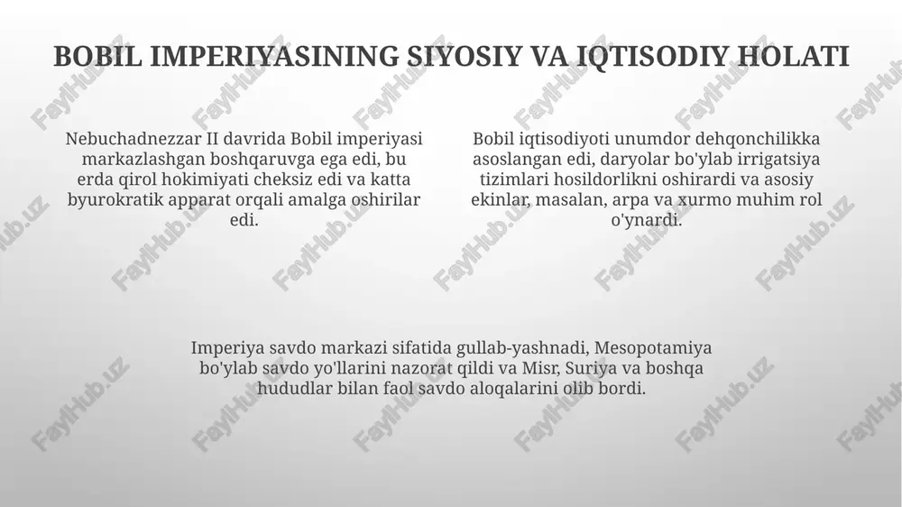 tnlarda esga olinadi. uning me'moriy yutuqlari, jumladan ishtar darvozasi va bobil osma bog'lari, antik davrning yetti mo'jizasidan biri sifatida tan olingan, uning shuhratini abadiylashtirdi. e'tiboringiz uchun rahmat image3.png image1.png image2.png