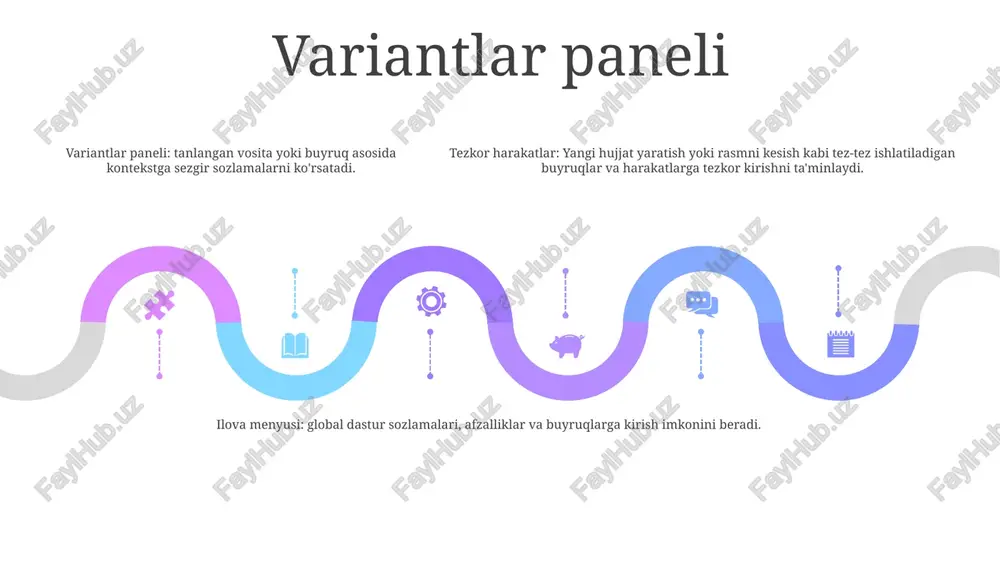 yashil va ko'k kanallar uchun individual gistogrammalarni ko'rsatadi, bu ranglar balansini va sozlashni nozik sozlash imkonini beradi. luma histogrammasi: tasvirning umumiy yorqinligi uchun gistogrammani ko'rsatadi, umumiy kontrast va ekspozitsiya haqida tushuncha beradi. navigator paneli add text add text add text add text add text add text interfeys komponentlari: ushbu panellar turli xil asboblar, sozlamalar va tasvir haqidagi ma'lumotlarga kirishni ta'minlash orqali tasvirni samarali boshqarishni osonlashtiradi. navigator paneli: tez navigatsiya va masshtablash imkonini beruvchi butun hujjatning eskiz ko‘rinishini taqdim etadi. adobe photoshop dasturi interfeysi: bu raqamli tasvirni tahrirlash dasturi bo'lib, u bir nechta muhim panellarni, jumladan navigator paneli, xususiyatlar paneli, ranglar paneli va qatlamlar panelini o'z ichiga oladi. ma'lumot paneli 01 02 03 1. ma'lumot paneli- joriy tanlov yoki rasm haqidagi o'lchamlar, fayl hajmi, rang rejimi va ruxsati kabi ma'lumotlarni ko'rsatadi.- tasvir xususiyatlarini tekshirish va kerak bo'lganda sozlash uchun qulay. 2. histogramma paneli- tasvirdagi piksel qiymatlarining taqsimlanishining grafik tasvirini taqdim etadi.- …