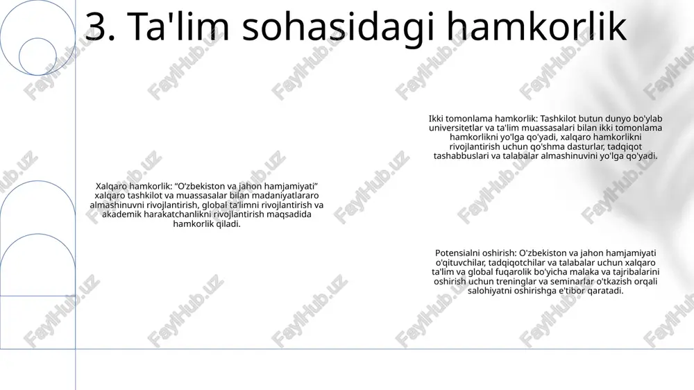 insonparvarlik yordami raqamli savodxonlik: o‘zbekiston raqamli savodxonlikni targ‘ib qilishda sezilarli yutuqlarga erishdi, “aqlli maktablar” dasturi kabi tashabbuslar o‘quvchilarga kompyuterlardan foydalanish va internetga ulanish imkonini beradi. tech hubs: o‘zbekiston yirik shaharlarda, jumladan, toshkent va samarqandda innovatsiyalar va tadbirkorlikni qo‘llab-quvvatlash uchun texnologik markazlarni tashkil etgan. ushbu markazlar startaplar va texnologiya kompaniyalariga infratuzilma, murabbiylik va moliyalashtirish imkoniyatlarini taqdim etadi. raqamli boshqaruv: o‘zbekiston hukumati shaffoflik va samaradorlikni oshirish maqsadida raqamli boshqaruv tashabbuslarini amalga oshirdi. bu tashabbuslar qatoriga fuqarolarga davlat xizmatlaridan onlayn foydalanish imkonini beruvchi “e-gov” platformasi ham kiradi. 9. texnologik yutuqlar global savdo: o‘zbekiston markaziy va janubiy osiyo chorrahasida joylashgan strategik joylashuvga ega bo‘lib, uni ikki mintaqa o‘rtasidagi savdo uchun asosiy tranzit markazga aylantiradi to'g'ridan-to'g'ri xorijiy investitsiyalar: o'zbekiston so'nggi yillarda, xususan, energetika, tog'-kon sanoati va to'qimachilik kabi sohalarga sezilarli darajada to'g'ridan-to'g'ri xorijiy investitsiyalar (tdi) jalb qildi iqtisodiy globallashuv: o‘zbekiston iqtisodiy globallashuvni o‘zlashtirdi va jahon iqtisodiyotiga integratsiyalashuv choralarini ko‘rdi. mamlakat savdo va investitsiya siyosatini liberallashtirish …