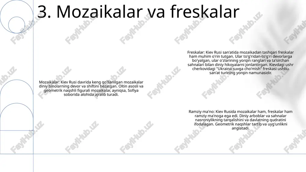 rlar kiev rusida ta'lim markazlari sifatida muhim rol o'ynagan. ularda diniy matnlar, tarixiy yilnomalar va adabiyot asarlarini o'z ichiga olgan keng kutubxonalar joylashgan badiiy ifodani tarbiyalash: monastirlar turli xil san'at turlarining rivojlanishiga yordam berdi. ikonografiya, diniy piktogrammalarni yaratish san'ati monastir devorlari ichida misli ko'rilmagan yuksaklikka erishdi. mohir hunarmandlar cherkovlarni murakkab mozaikalar, freskalar va emallar bilan bezatib, davrning g'ayrioddiy san'atini namoyish etdilar. tarixiy bilimlarni saqlash: monastirlar tarixiy bilimlar ombori bo'lib xizmat qilgan. rohiblar voqealarni yozib, o'tmish xotirasini saqlab, yilnomalarni sinchkovlik bilan tuzdilar 9. monastirlar madaniyat markazlari sifatida madaniy meros: kiyev rusidagi rassomlar rus xalqining madaniy merosini saqlash va etkazishda hal qiluvchi rol o'ynagan. ularning asarlari, jumladan, monumental rasmlar, mozaikalar va ikonografiyada o‘sha davrning an’analari va e’tiqodlari namoyon bo‘lgan, tarix va dinga oid manzaralar tasvirlangan. diniy ifoda: kiev rusida san'at din bilan chambarchas bog'liq edi. rassomlarga cherkov va monastirlarni bezab turgan ikonalar va freskalar kabi diniy asarlar yaratish topshirilgan badiiy meros: kiyev …