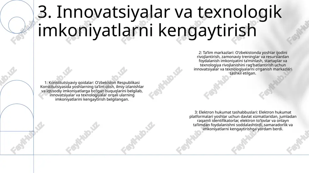 iya barcha uchun teng ta'lim imkoniyatlarini ta'minlaydi, bu esa yoshlarning ijtimoiy yoki iqtisodiy kelib chiqishidan qat'i nazar, sifatli ta'lim olishini ta'minlaydi. yoshlar imkoniyatlarini kengaytirish: konstitutsiya axborot va ta’limning huquqiy asoslarini ta’minlab, yoshlarga faol va bilimli fuqarolar bo‘lib yetishish huquqini beradi va ularga mamlakat taraqqiyotiga hissa qo‘shish imkonini beradi. 9. axborot va ta'lim olish imkoniyati konstitutsiyaviy himoya: o‘zbekiston konstitutsiyasi yoshlar huquqlarini himoya qiladi, ularni himoya qilish va qo‘llab-quvvatlashni ta’minlaydi. ta'lim imkoniyatlari: konstitutsiyada ta'lim ustuvor yo'nalish sifatida ta'kidlangan bo'lib, bu yoshlar uchun sifatli ta'lim va o'quv dasturlari olish imkoniyatini beradi. ijtimoiy qo'llab-quvvatlash: konstitutsiya davlatning yoshlarni ijtimoiy himoya qilish va ularga yordam berish, shu jumladan sog'liqni saqlash, uy-joy va bandlikni qo'llab-quvvatlash majburiyatini yuklaydi. 10. yoshlarni himoya qilish va qo'llab-quvvatlash xalqaro hamkorlik: o‘zbekiston yoshlarga oid siyosat va dasturlarni, masalan, bmtning yoshlar strategiyasi va hamdo‘stlik yoshlar dasturini ishlab chiqishda xalqaro tashkilotlar va idoralar bilan hamkorlik qiladi. hamkorlik: hukumat nodavlat notijorat tashkilotlari, korxonalar va universitetlar bilan …