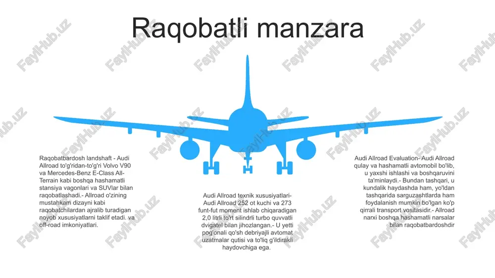 va sezgir boshqaruvini maqtashdi. swot tahlili kuch hashamatli va qulay salon kuchli dvigatel va to'liq g'ildirakli haydovchi imkoniyatlari yuqori texnologiyali xususiyatlar va ilg'or xavfsizlik tizimlari zaiflik raqobatchilarga nisbatan qimmat. yuk tashish maydoni cheklangan. yoqilg'i tejamkorligi yaxshiroq bo'lishi mumkin imkoniyat hashamatli suvlarga talab ortib bormoqda rivojlanayotgan bozorlarda bozor ulushini kengaytirish salohiyati mahsulotni diversifikatsiya qilish uchun boshqa brendlar bilan hamkorlik 06 05 04 03 02 imkoniyatlar va tahdidlar 01 02 imkoniyatlar: premium suvlarga talab ortib bormoqda rivojlanayotgan bozorlarga kengayish ilg'or texnologiya va xavfsizlik xususiyatlari tahdidlar: o'rnatilgan raqobatchilarning kuchli raqobati yoqilg'i narxining oshishi iqtisodiy noaniqlik 03 baholash: kuchli brend obro'si va sodiq mijozlar bazasi cheklangan raqobatga ega bo'lgan bozor pozitsiyasi rivojlanayotgan bozorlarda o'sish potentsiali barqarorlik bilan bog'liq muammolar kelajakdagi talabga ta'sir qilishi mumkin. tavsiyalar farlar: ko'rinish va uslubni yaxshilash uchun led yoki ksenon faralarga yangilang. to'xtatib turish: boshqarish va haydash qulayligini oshirish uchun bozordan keyingi osma qismlarini ko'rib chiqing. g'ildiraklar va shinalar: yaxshiroq …