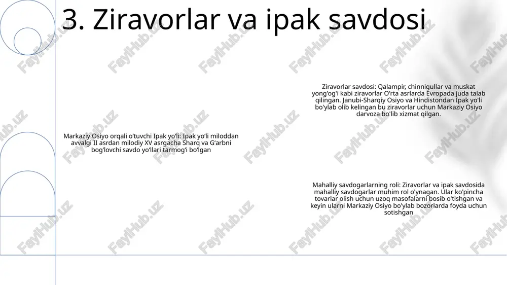 anazzulga uchrashi dengiz savdosining yuksalishi: 15-asrda vasko da gama va kristofer kolumb kabi evropalik tadqiqotchilar boshchilik qilgan dengiz savdosining o'sishi guvohi bo'ldi. bu yangi savdo yo'llarining paydo bo'lishiga olib keldi va osiyo ziravorlari, to'qimachilik va boshqa tovarlarga bo'lgan talabni oshirdi. markaziy osiyodagi ipak yoʻli: oʻrta asrlarda markaziy osiyo ipak yoʻli savdo yoʻllarida hal qiluvchi rol oʻynagan. ipak yo‘li sharqiy osiyoni yevropa va yaqin sharq bilan bog‘lab, tovarlar, g‘oyalar va texnologiyalar almashinuvini osonlashtirdi dengiz savdosining ta'siri: dengiz savdosining o'sishi markaziy osiyoga katta ta'sir ko'rsatdi. bu ipak yo'lining ahamiyatini pasayishiga va savdoning qirg'oqbo'yi mintaqalariga siljishiga olib keldi. evropada osiyo tovarlariga talabning ortishi markaziy osiyoda iqtisodiy o'sishni va madaniy almashinuvni ham rag'batlantirdi. 9. dengiz savdosining yuksalishi 1. ipak yo'li katalizatori: savdo yo'llari sharq va g'arb o'rtasida tovar, bilim va g'oyalar almashinuvini osonlashtirishda, madaniy va texnologik taraqqiyotni rag'batlantirishda hal qiluvchi rol o'ynadi. 2. iqtisodiy markaz: samarqand, buxoro va xiva kabi shaharlar xitoy, hindiston, fors …