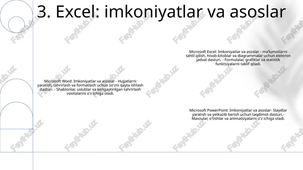 sob-kitoblarni avtomatlashtiring va unumdorligingizni oshiring. microsoft powerpoint maxsus animatsiyalarining ilg'or xususiyatlari: moslashuvchan animatsiyalar bilan dinamik va qiziqarli taqdimotlar yarating. morf o'tishlari: slaydlar o'rtasida muammosiz o'tish, silliq va professional oqim yaratish. makroslar: moybo'yoqli qo'shish yoki rasm qo'shish kabi umumiy vazifalarni avtomatlashtiring. 8. word, excel va powerpoint-ning kengaytirilgan xususiyatlari e'tiboringiz uchun rahmat @taqdimot_robot image1.png /docprops/thumbnail.jpeg