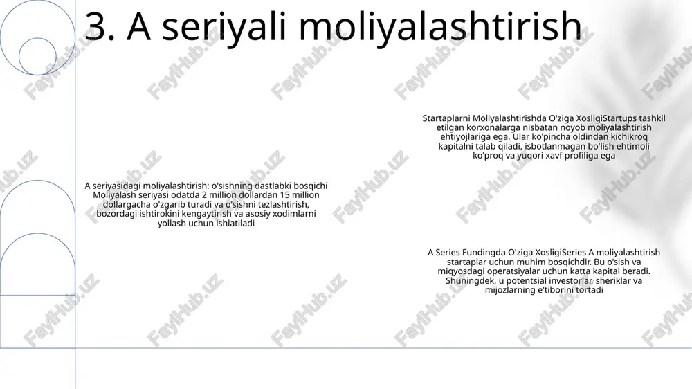 hga eʼtibor qaratadi. startaplarni moliyalashtirish:- an'anaviy moliyalashtirish opsiyalaridan foydalanmasdan dastlabki bosqichdagi korxonalar uchun mablag'larni ta'minlash uchun turli mexanizmlarni o'z ichiga oladi.- urug'lik moliyalashtirish, farishta investitsiyalari, venchur kapitali va kraudfanding platformalarini o'z ichiga oladi. o'ziga xosligi:- venchur kapitali yuqori xavfga ega, yuqori o'sish bo'yicha potentsial startaplarga yo'naltirilgan investitsiyalarning yuqori ixtisoslashgan shaklidir.- startaplarni moliyalashtirish yangi tashkil etilgan korxonalar uchun an'anaviy moliyalashtirish usullariga muqobil usullarni taklif etadi. 7. venchur kapitali anxel investorlari:- yuqori o'sish potentsialiga ega bo'lgan startaplarni dastlabki bosqichda moliyalashtiring.- odatda o'z shaxsiy kapitalini investitsiya qiladigan badavlat shaxslar.- moliyaviy yordamdan tashqari yo'l-yo'riq va yordam taklif qiling. startapni moliyalashtirish:- aktsiyalarni moliyalashtirish: investorlar kompaniyaning ulushini oladilar.- qarzlarni moliyalashtirish: startaplar foizlari bilan qaytarilishi kerak bo'lgan qarzga oladilar.- konvertatsiya qilinadigan qarz: muayyan sharoitlarda o'z kapitaliga aylantirilishi mumkin bo'lgan qarz. anxel investorlarining o'ziga xosligi:- yuqori tavakkalchilikka ega bo'lgan dastlabki bosqichdagi startaplarga sarmoya kiriting.- ta'sischilar va jamoaning salohiyatiga e'tibor qarating.- nafaqat moliyalashtirish, jumladan, murabbiylik, yo'l-yo'riq va sanoat aloqalarini …