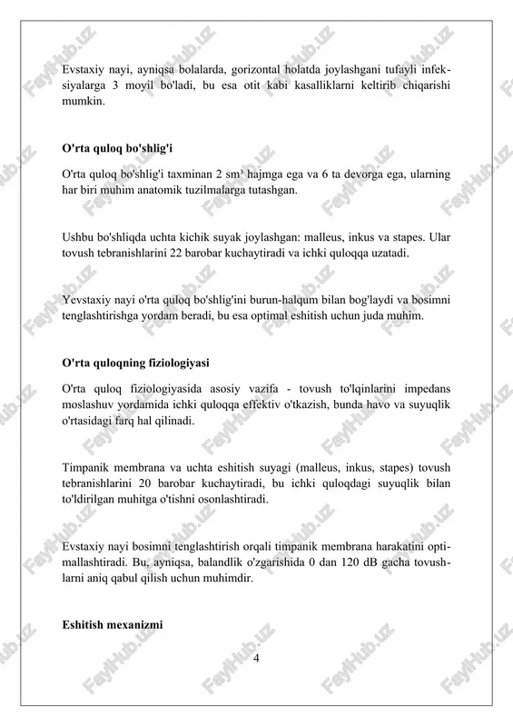 0%gacha bo'lishi mumkin. stapedektomiya – bu otosklerozni davolashning keng tarqalgan jarayoni bo'lib, unda uzangi olib tashlanadi va o'rniga protez qo'yiladi, bu esa eshitish qobiliyatini 85%gacha yaxshilaydi. o'rta quloq kasalliklarini diagnostikasi audiometriya tekshiruvi 250 hz dan 8000 hz gacha bo'lgan chastotalarda eshitish qobiliyatini aniqlaydi, bu o'rta quloq kasalliklari tufayli eshitish yo'qolishini baholashga yordam beradi. timpanometriya o'rta quloqdagi bosimni o'lchaydi, bu esa suyuqlik borligini yoki evstaxiy naychasining disfunktsiyasini aniqlashga yordam beradi; a, b va c kabi turli timpanogramma turlari mavjud. akustik refleks sinovi o'rta quloqdagi stapedius mushagining tovushga reaktsiyasini baholaydi, bu esa otoskleroz yoki 7-nerv bilan bog'liq muammolarni aniqlashda muhim rol o'ynaydi. o'rta quloq kasalliklarini davolash o'rta quloq kasalliklarini davolashda antibiotiklar keng qo'llaniladi, ayniqsa bakterial infeksiyalarda. 7-10 kunlik antibiotik kursi ko'pincha simptomlarni bartaraf etishga yordam beradi. timpanoplastika - bu o'rta quloqdagi teshilgan pardani jarrohlik yo'li bilan tiklash usuli. bu eshitish qobiliyatini yaxshilashga yordam beradi va 90% hollarda muvaffaqiyatli bo'ladi. ventilyatsiya naychalari, ayniqsa …