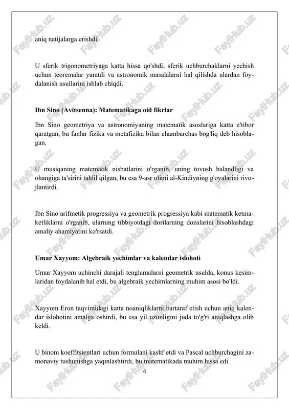 gan. abu kamil shujo'ning ishlari irratsional sonlar bilan ishlashni o'z ichiga oladi. u algebraik tenglamalarni yechishda ularni qo'llagan va tushuntirib bergan. astronomiya va matematik hisoblashlar al-xorazmiyning "al-jabr" asari algebra fanining asoschisi bo'lib, u yerda chiziqli va kvadrat tenglamalarni yechishning algoritmik usullari ko'rsatilgan. abu rayhon beruniy yerning radiusini aniq hisoblash uchun trigonometriyadan foydalangan va geodeziya sohasiga katta hissa qo'shgan, globus proeksiyalarini ishlab chiqqan. ulug'bekning "ziji jadidi" astronomik jadvali yulduzlarning pozitsiyalarini aniqlashda o'sha davr uchun misli ko'rilmagan aniqlikni ta'minladi, sinus va tangens jadvallari ham mavjud edi. sharq matematik merosining yevropaga taʼsiri sharq olimlari tomonidan ishlab chiqilgan algebra, yevropaga arab raqamlari tizimi va nol tushunchasini olib keldi, bu esa hisoblashni sezilarli darajada soddalashtirdi. trigonometriyaning rivojlanishi, ayniqsa sinus, kosinus va tangens kabi funksiyalarning aniqlanishi, yevropa astronomiyasi va navigatsiyasiga katta ta'sir ko'rsatdi. algoritmlar tushunchasi, masalan, al-xorazmiy algoritmlari, yevropada ilmiy hisoblash usullarini standartlashtirishga yordam berdi va kompyuter faniga asos soldi. sharq matematik merosini saqlash va oʻrganish …