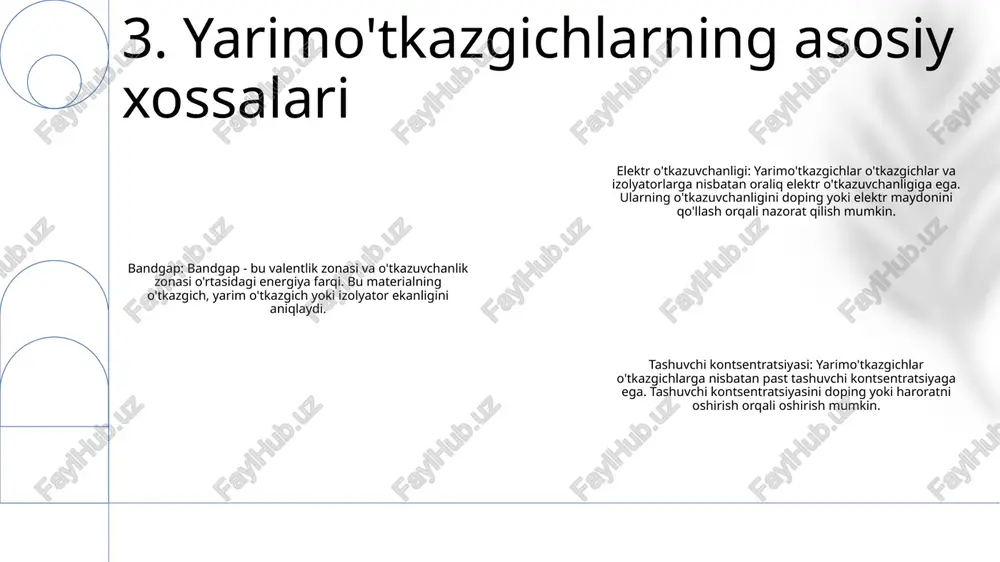 ariga taʼsir qiladi. 8. doping yarimo'tkazgichli diodlar: diodlar oqimning faqat bitta yo'nalishda oqishiga imkon beruvchi elektron qurilmalardir. ular kremniy yoki germaniy kabi yarimo'tkazgichli materiallardan ishlab chiqariladi va odatda elektr oqimini boshqarish uchun elektron sxemalarda qo'llaniladi. yarim oʻtkazgichli materiallar: yarim oʻtkazgichli materiallar oʻtkazgich va izolyator oʻrtasida elektr oʻtkazuvchanligiga ega boʻlgan materiallardir. ular diodlar, tranzistorlar va integral mikrosxemalar kabi turli xil elektron qurilmalarda qo'llaniladi. yarimo'tkazgich materiallari: yarimo'tkazgich materiallari elektron qurilmalarni qurishda ishlatiladi, chunki ular elektr oqimini boshqarish qobiliyatiga ega. ular odatda kremniy yoki germaniydan tayyorlanadi va n tipidagi yoki p tipidagi yarimo'tkazgichlarni yaratish uchun aralashmalar bilan qo'shiladi. 9. yarimo'tkazgichli diodlar yarimo'tkazgichli tranzistorlar: kompyuterlar, smartfonlar va boshqa elektron qurilmalardagi elektr signallarini boshqaradigan miniatyura kalitlari. yarim oʻtkazgichli materiallar: yarimoʻtkazgichlar elektr tokini izolyatorlardan koʻra yaxshiroq oʻtkaza oladigan, lekin oʻtkazgichlar kabi emas, balki aralashmalar (doping) qoʻshish orqali ularning xossalarini oʻzgartirish mumkin boʻlgan materiallardir. yarimo'tkazgichli tranzistorlar, yarim oʻtkazgichli materiallar: transistorlar ichidagi turli yarimo'tkazgichli materiallarning o'zaro ta'siri elektr …