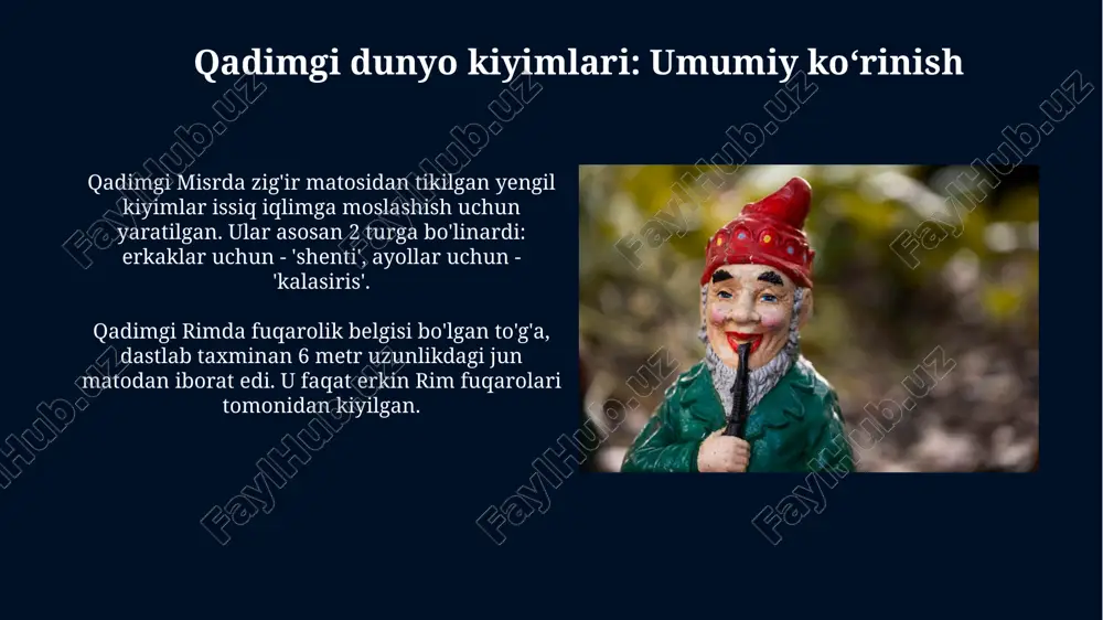 an, naqshli kaftanlar va uzun ko'ylaklar erkaklar va ayollar tomonidan kiyilgan, bu esa savdo aloqalarini aks ettiradi. qadimgi xorazmda miloddan avvalgi 4-asrda uzun, yengsiz choponlar keng tarqalgan bo'lib, ularning bezaklari jamiyatdagi maqomni ko'rsatuvchi geometrik naqshlardan iborat edi. xulosa xulosa odatda ipakdan tayyorlangan bo'lib, uning tarkibida 70% ipak va 30% paxta bo'lishi mumkin, bu matoga o'ziga xos yorqinlik va chidamlilik beradi. xulosa ko'pincha 5-7 metrgacha uzunlikda bo'ladi va uni tayyorlash uchun qo'lda to'qish usuli ishlatiladi, bu esa har bir matoni noyob qiladi. e'tiboringiz uchun rahmat image5.jpg image6.jpg image7.jpg image8.jpg image9.jpg image10.jpg image11.jpg image12.jpg image13.jpg image14.jpg image15.jpg image16.jpg image17.jpg image18.jpg image19.jpg image20.jpg image21.jpg image1.jpeg