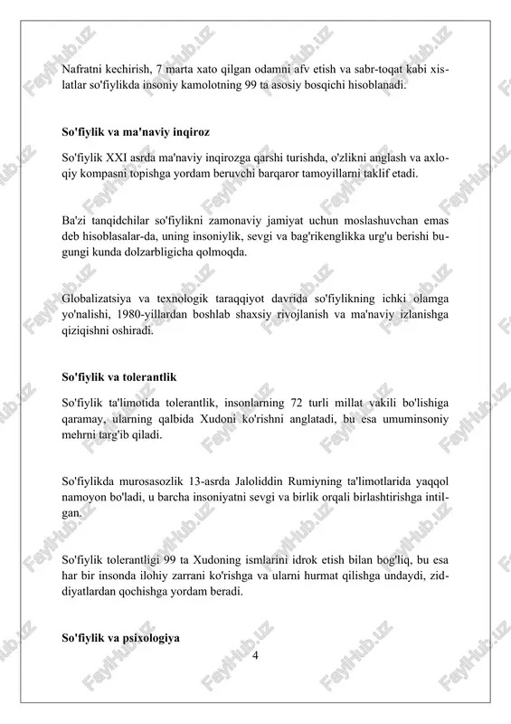masalan, naqshbandiya va qodiriya, 1000 yildan ortiq vaqt davomida ijtimoiy faoliyat va ta'limga katta hissa qo'shgan. so'fiylikning zamonaviy talqinlari so'fiylikning zamonaviy talqinlari 21-asrda psixologiya va shaxsiy rivojlanish bilan integratsiyalashuvni o'z ichiga oladi, bu yerda 'nafsni tarbiyalash' o'z-o'zini anglashga yo'naltiriladi. global miqyosda so'fiylik tolerantlik va madaniyatlararo muloqot vositasi sifatida namoyon bo'lmoqda, ayniqsa 9/11 voqealaridan keyin, tinchlik o'rnatishga qaratilgan 12 tamoyil asosida. zamonaviy so'fiylik g'oyalari san'at, musiqa va adabiyot orqali ifodalanadi, bunda 7 asosiy ilhom manbai insoniy tajribani boyitish uchun ishlatiladi va meditatsiya 3 usul bilan qo'llaniladi. tanqid va e'tirozlar ba'zi tanqidlar sufiylikning zamonaviy dunyoda ortiqcha liberal ekanligi, diniy qoidalarga 100% rioya qilmaslikda ayblashi, islom fundamentalizmining qarama-qarshiligi sifatida qaraladi. sufizmga e'tirozlar ko'pincha uning maqbaralar va avliyolarga sig'inish amaliyotlari islomning asl mohiyatidan chetga chiqish, shirkning bir turi ekanligini ta'kidlaydi. ba'zi tanqidchilar sufiylikning individual tajribaga urg'u berishi, ilohiy qonunlardan ustun qo'yilishi, shariatning ahamiyatini kamaytirishi va an'anaviy islomiy aqidaga zid ekanligini aytishadi. xulosa va istiqbollar …