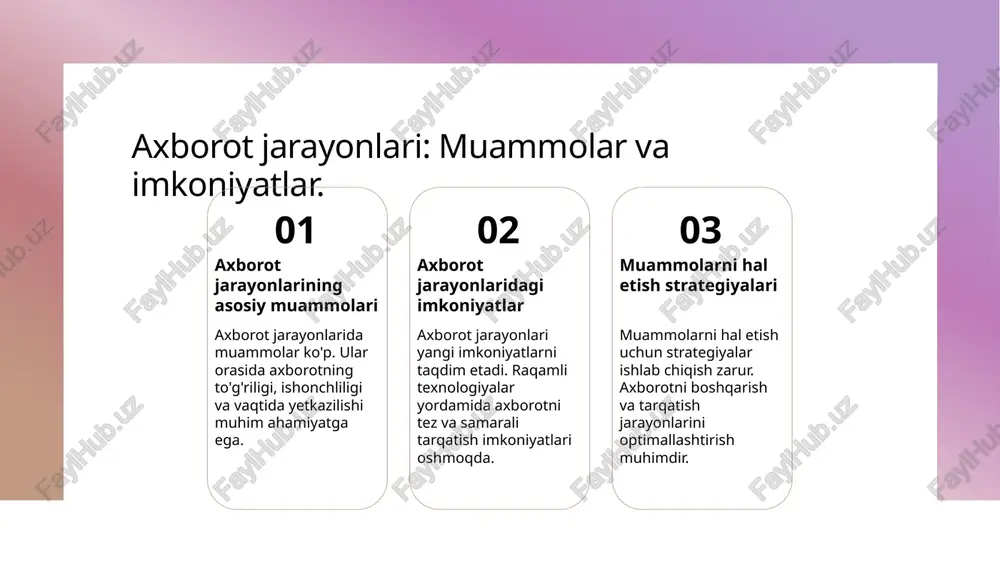 qtisodiy axborot, biznes jarayonlarida muhim rol o'ynaydi, chunki u bozor sharoitlarini tushunish va raqobat ustunligini ta'minlaydi. 2 bozor tahlilining ahamiyati - bozor tahlili, iste'molchilar talabini va raqobatchilar faoliyatini aniqlashda yordam beradi, bu esa strategik qarorlar qabul qilishda muhimdir. 3 qaror qabul qilish jarayoni - iqtisodiy axborot asosida qilinadigan qarorlar, resurslarni samarali taqsimlash va investitsiya strategiyalarini yaxshilashga yordam beradi, natijada barqaror rivojlanish ta'minlanadi. axborot turlari va jamiyatdagi munosabatlar o'rtasidagi aloqalar. 1 axborot turlari - axborot turlari turli xil bo'lib, ular ijtimoiy, madaniy, siyosiy va iqtisodiy jarayonlarda muhim rol o'ynaydi. har bir turi o'ziga xos xususiyatlarga ega. 2 ijtimoiy axborot - ijtimoiy axborot, jamiyatdagi munosabatlar va aloqalarni ko'rsatadi. bu axborot, odamlar o'rtasidagi interaktsiyalarni yaxshilashga yordam beradi va ijtimoiy taraqqiyotga xizmat qiladi. 3 madaniy axborot - madaniy axborot, urf-odatlar, an'analar va san'at orqali avlodlarga o'tadi. u jamiyatni birlashtirishda va uning identifikatsiyasini saqlashda muhim ahamiyatga ega. 4 siyosiy va iqtisodiy axborot - siyosiy va …