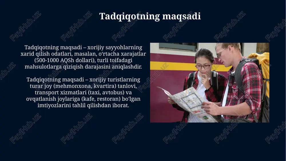 i tavsiya qilish ehtimoli 85% dan ortiq bo'ladi. xulosalar xulosa 1: xalqaro sayyohlar onlayn bron qilish platformalaridan foydalanishda sezilarli o'sish kuzatilmoqda, taxminan 65% sayohatchilar aviachiptalar va mehmonxonalarni shu tarzda bron qiladilar. xulosa 2: madaniy meros ob'ektlari va mahalliy oshxona xalqaro sayyohlar uchun eng jozibador omillar hisoblanadi, bu sayyohlik xarajatlarining 40% dan ortig'ini tashkil qiladi. tavsiyalar tavsiyalar sayyohlarga restoran tanlashda katta yordam beradi, 75% sayyohlar ovqatlanish joyini tanlashda ularga ishonadi va o'z tajribasini oshirish uchun foydalanadi. tavsiyalar sayyohlar uchun yangi joylarni kashf etishda muhim rol o'ynaydi, 60% sayyohlar ular orqali mahalliy bozorlar va madaniy tadbirlar haqida bilib, ularga tashrif buyuradi. e'tiboringiz uchun rahmat image5.jpg image6.jpg image7.jpg image8.jpg image9.jpg image10.jpg image11.jpg image12.jpg image13.jpg image14.jpg image15.jpg image16.jpg image17.jpg image18.jpg image19.jpg image20.jpg image21.jpg image1.jpeg
